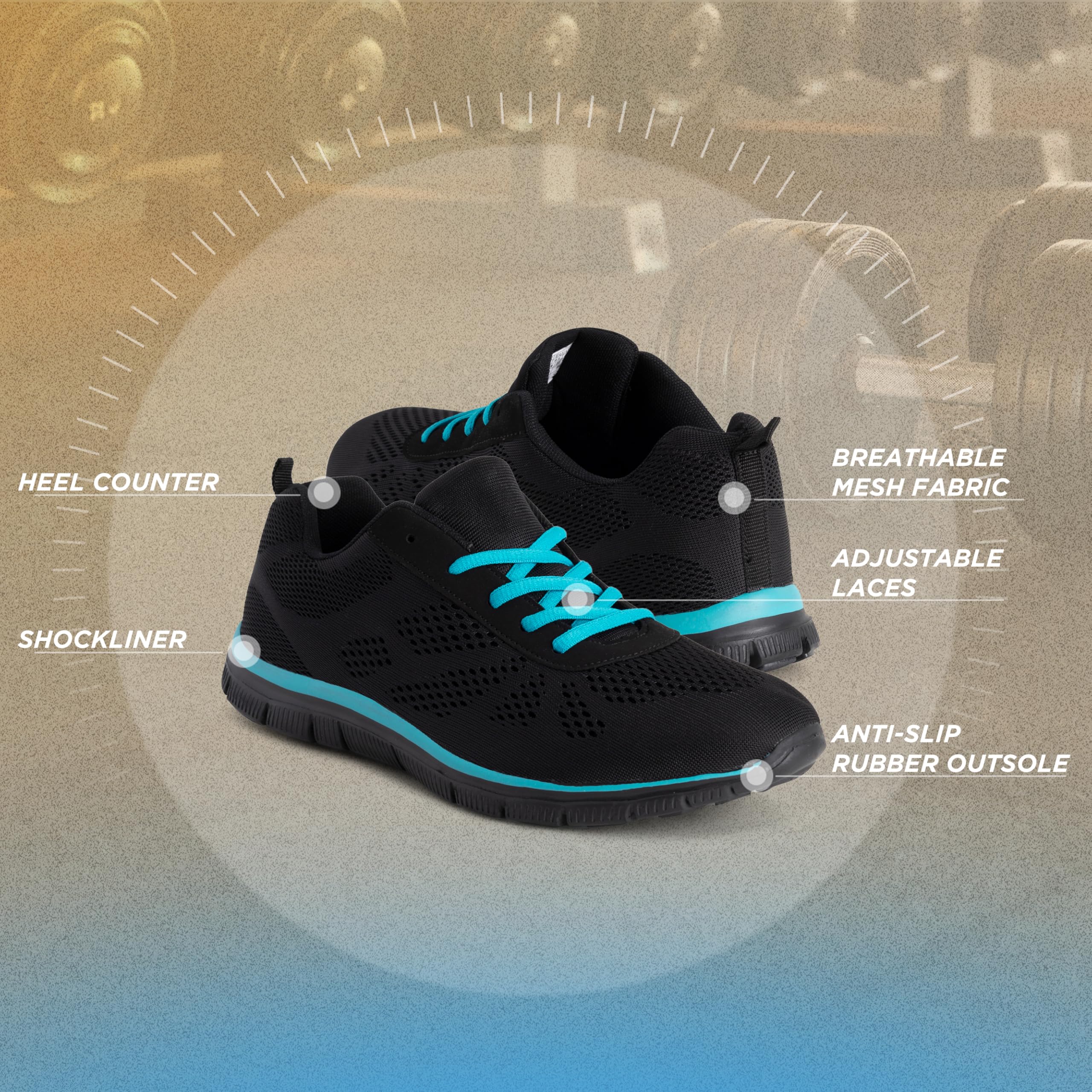 Get Fit Women’s Lightweight Trainers - Breathable Mesh Gym Walking Shoes - Comfortable Lace-Up Fitness Sneakers, Flexible Non-Slip Sole - Black/Turquoise - UK6/EU39