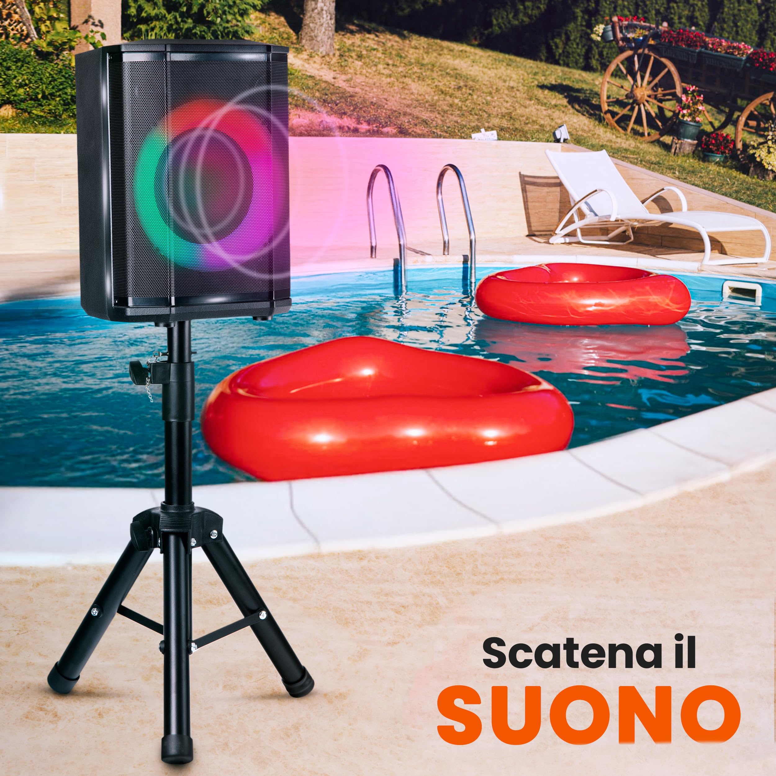 Pyle Cassa Bluetooth Potente, Altoparlante Bluetooth Portatile, Cassa Audio, Speaker, Woofer 20 cm, 120 Watt, Luci Colorate, TWS, Microfono, USB/Micro SD/FM, Tripod, Uso Interno/Esterno
