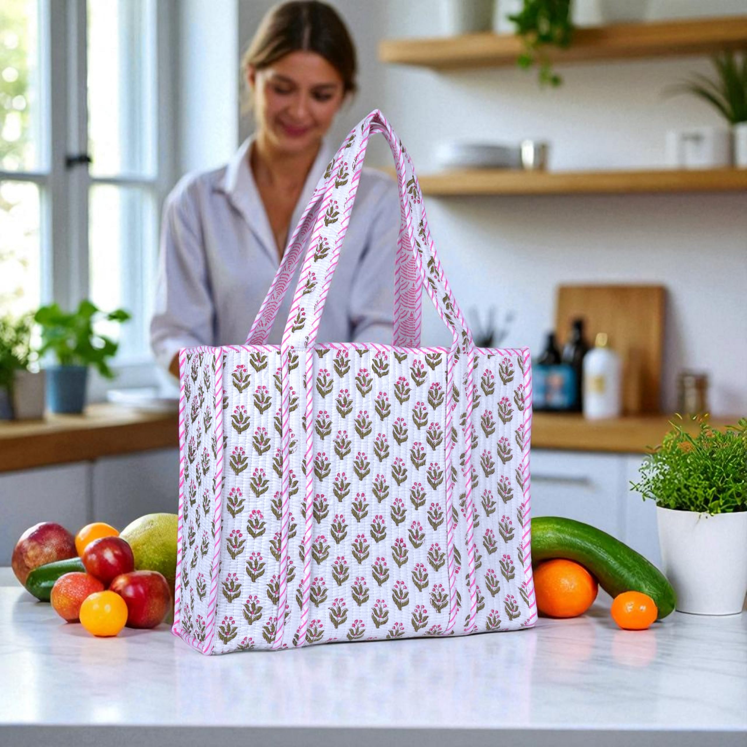 Tragetasche für Damen, Einkaufstasche, groß, gesteppt, Baumwolle, wiederverwendbare Strandtasche, Arbeitstasche für Damen, florale Reisetasche, stilvolle Schultertasche, übergroße gesteppte