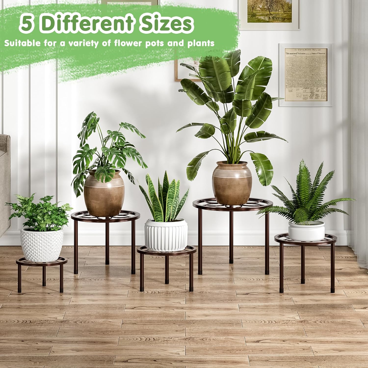 VECELO Metal Plant Stands Set of 5, Multiple Heavy Duty Flower Pot Stand, Round Plant Holder, Brown