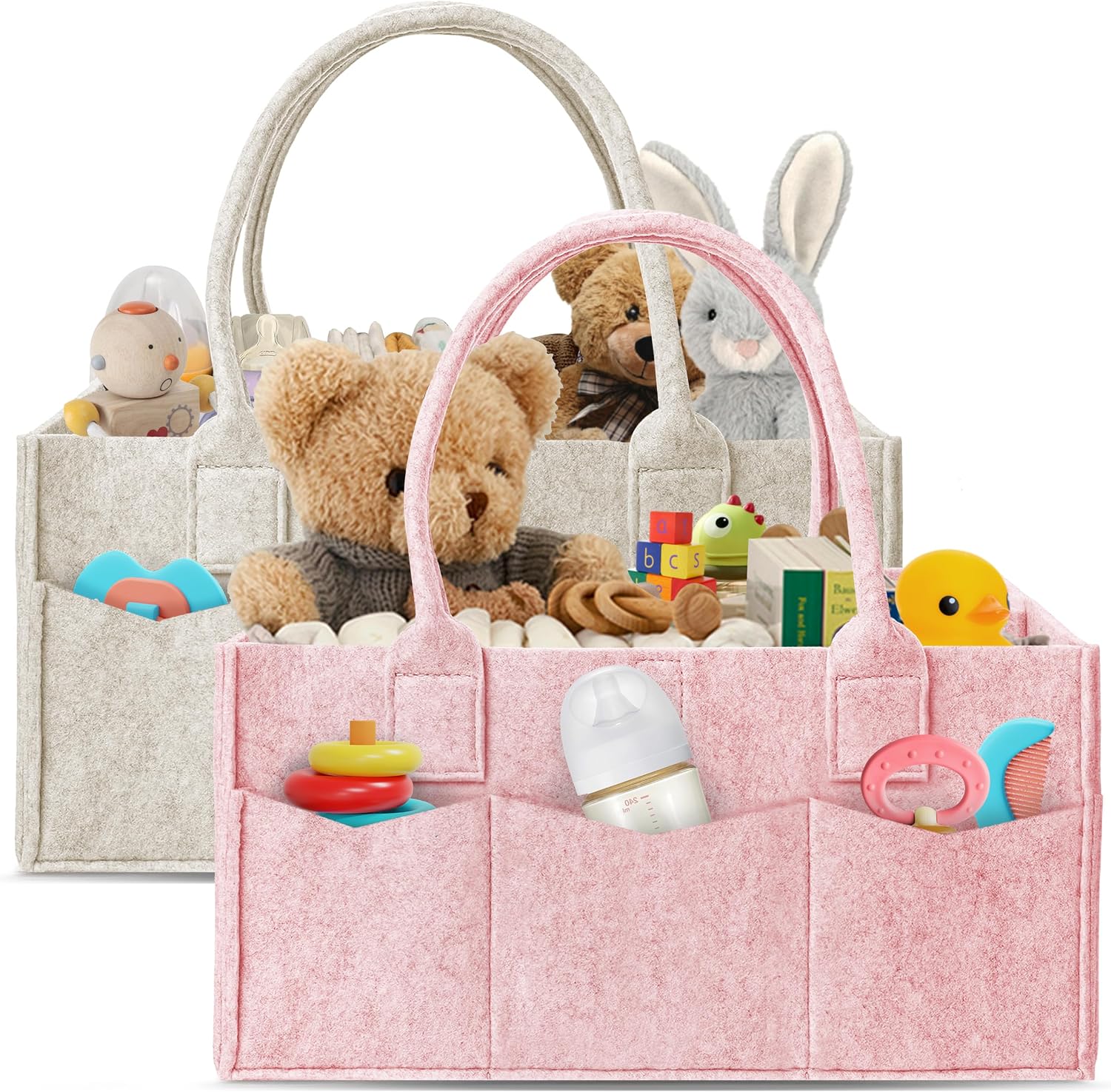 HIPHOP PANDA 2-Pack Diaper Caddy Organizer - Nursery Storage Bin & Car Organizer for Diapers, Wipes, and Baby Essentials - Dual-Color Solid Set (Pink/Oatmeal), Large Size