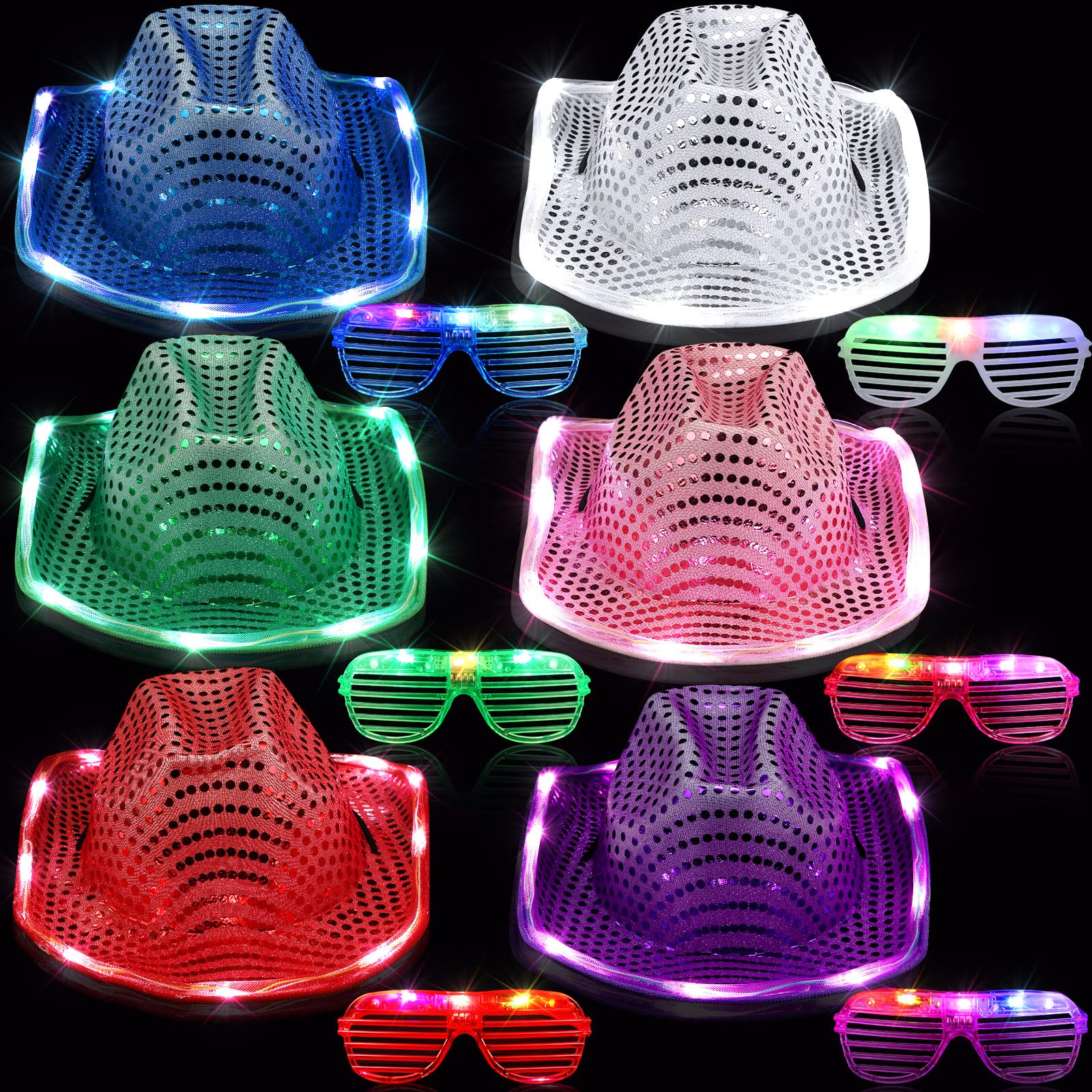 Maitys 12 Pieces Space Cowgirl Hat and LED Glasses Set Glow in the Dark LED Cowboy Hat Shutter Shades Light up Glasses for Women Men Birthday Party
