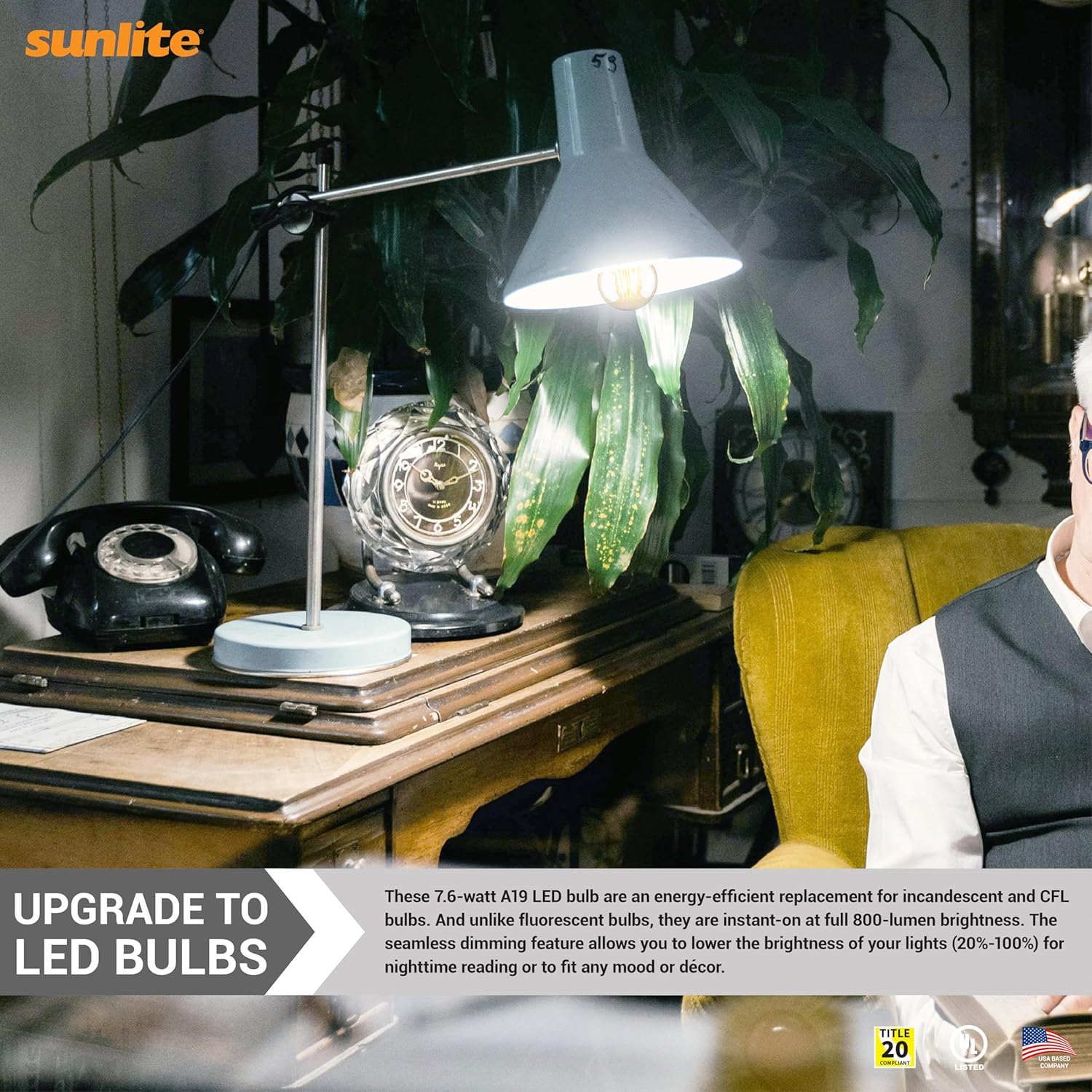 Sunlite A19 Filament Light Bulb, 7.6W Energy Efficient (60W Equivalent), 120V, Clear, Medium E26 Base, Dimmable, 800 Lumens, Indoor, 90 CRI, 15000 Hour Lifespan, UL Listed, 4000K Cool White, 12 Pack
