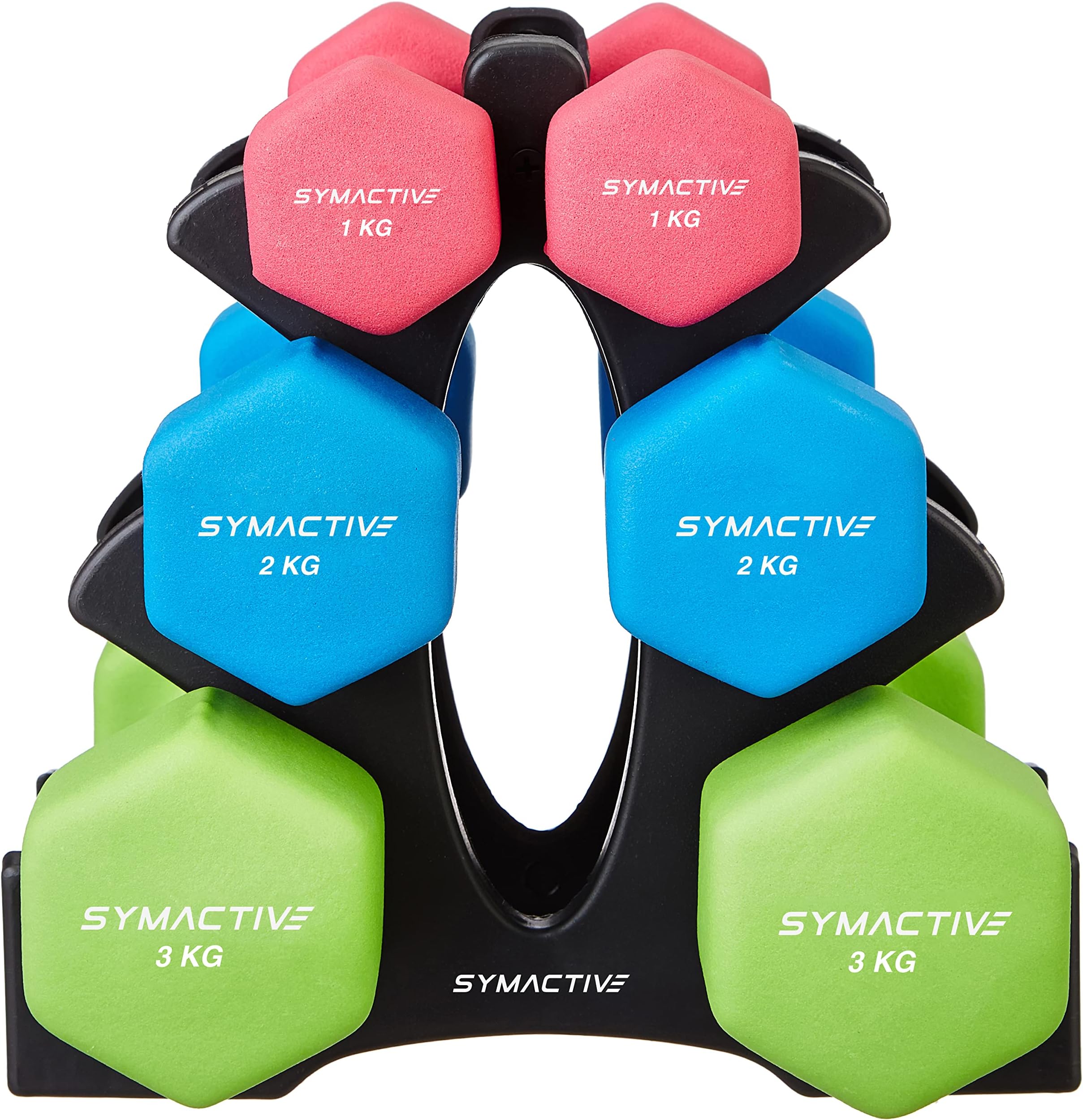 - Amazon Brand - Symactive Neoprene Coated Dumbbell Combo with Stand 12 Kg, Set of 2 (1 Kg, 2 Kg, 3 Kg) Multicolour