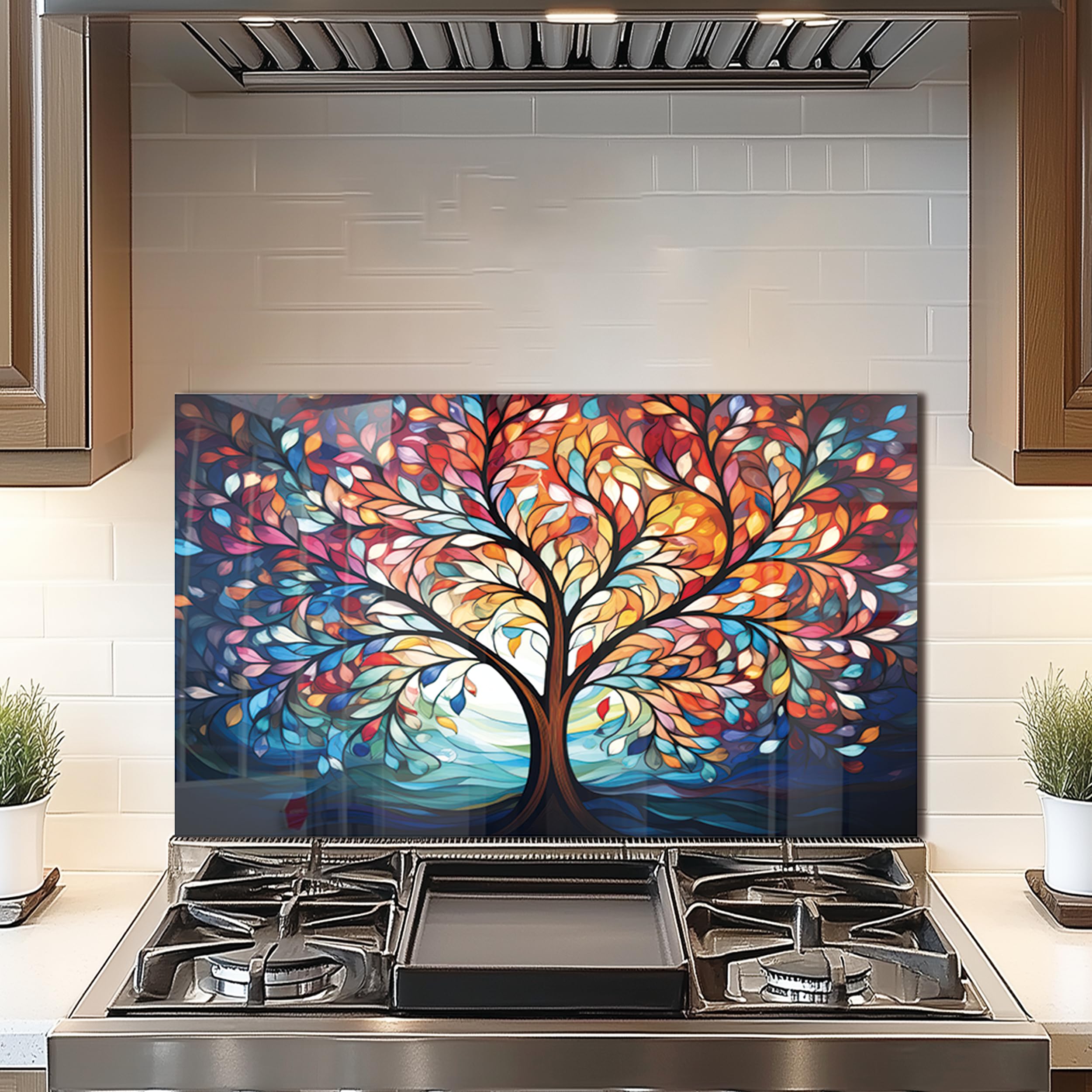 DAIFURONGE Tempered Glass Backsplash for Kitchen, Tree of Life Art Stove Backsplash Protector - Easy to Clean Wall Decor (Art Deco 2, 30"x18"(