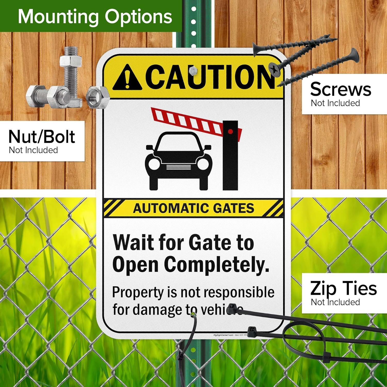 Caution Automatic Gates Wait For Gate To Open Completely Property Sign, 12x18 Inches, 3M EGP Reflective .063 Aluminum, Fade Resistant, Made in USA by My Sign Center