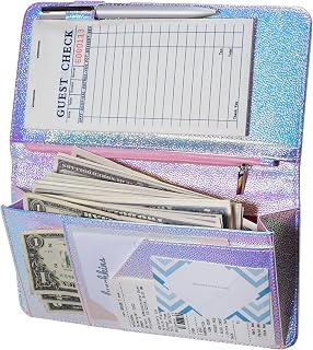 Zreal Server Book for Waitress with Zipper Pocket, 5 X 9 Serving Book, Magnetic Closure Pocket with Big Volume, Pen Holder for Waiter Server Wallet Fit Waitress Apron (Iridescent B)