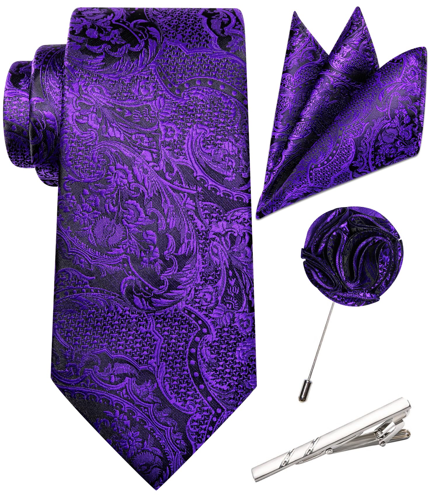 Unique Paisley Ties for Men Silk Neck Tie and Pocket Square Set with Tie Clip Lapel Pin Wedding Formal