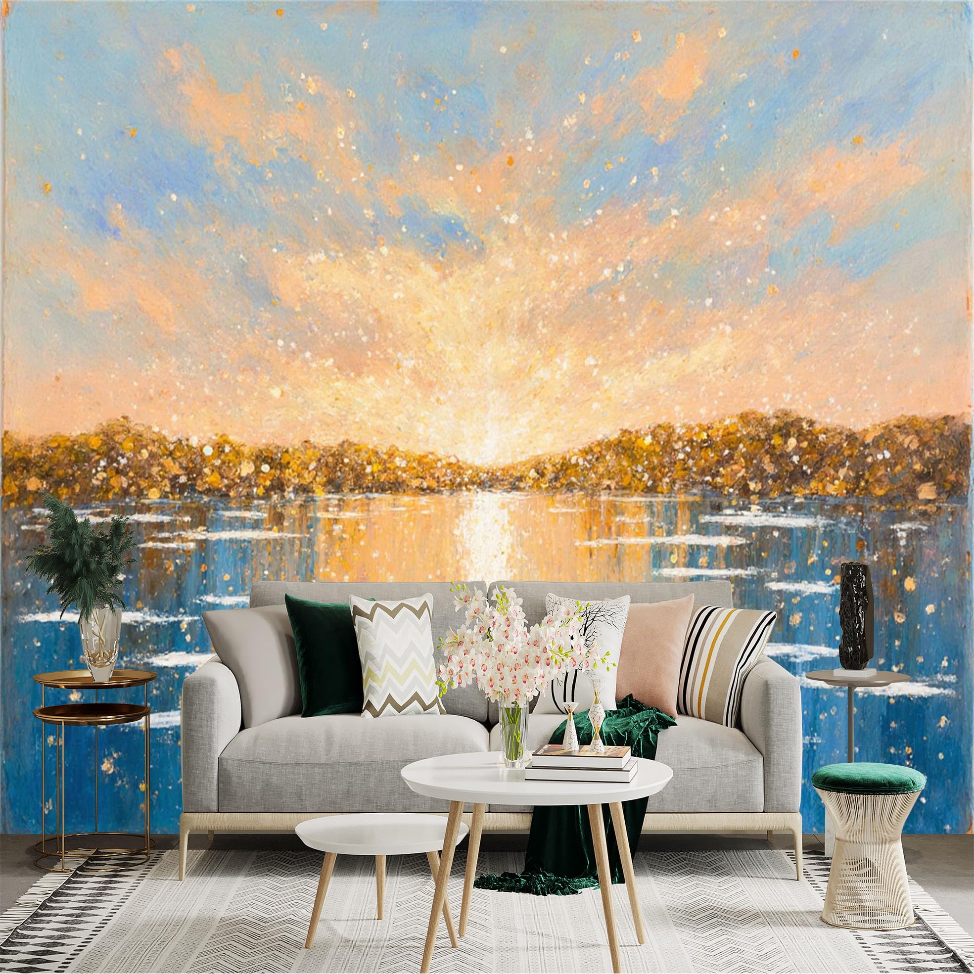 Lnzczhyre Xc260505921 Custom Size Wall Sticker Mural， Golden Sunset Over Lake， Impasto Oil Painting Style， Peaceful Reflective Water， Scenery Art， For Wall Decoration， Peelandstick Wall Decals.