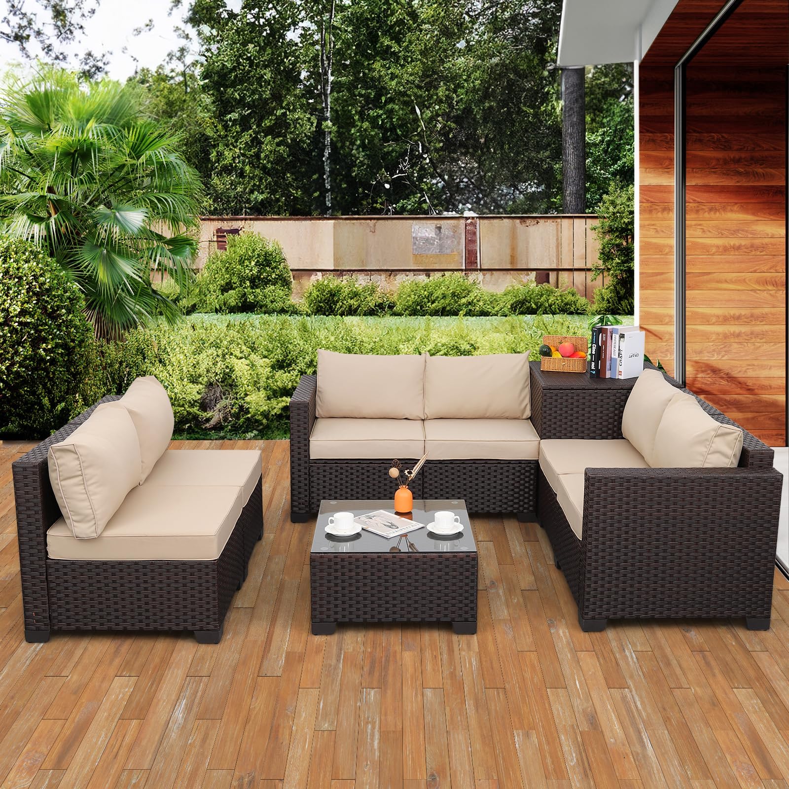 - Valita 6 Pieces Wicker Patio Furniture Set Outdoor Sectional Conversation Sofa Set with Storage Bin and Glass Table with Non-Slip Cushions Furniture Covers, Beige