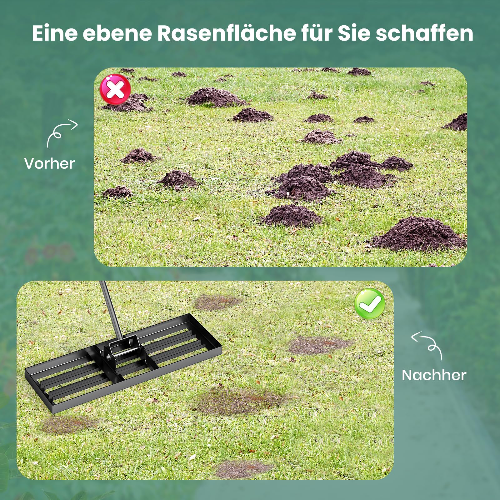 RELAX4LIFE Rasen Nivellierrechen, 75 x 25 cm, Rasenrechen Metall, Rechen Garten mit 170 cm Stiel, Levelingrake Flächenebner zum Rasen Sand, Lawn Leveling Rake für Garten, Hof, Golfplatz, Schwarz