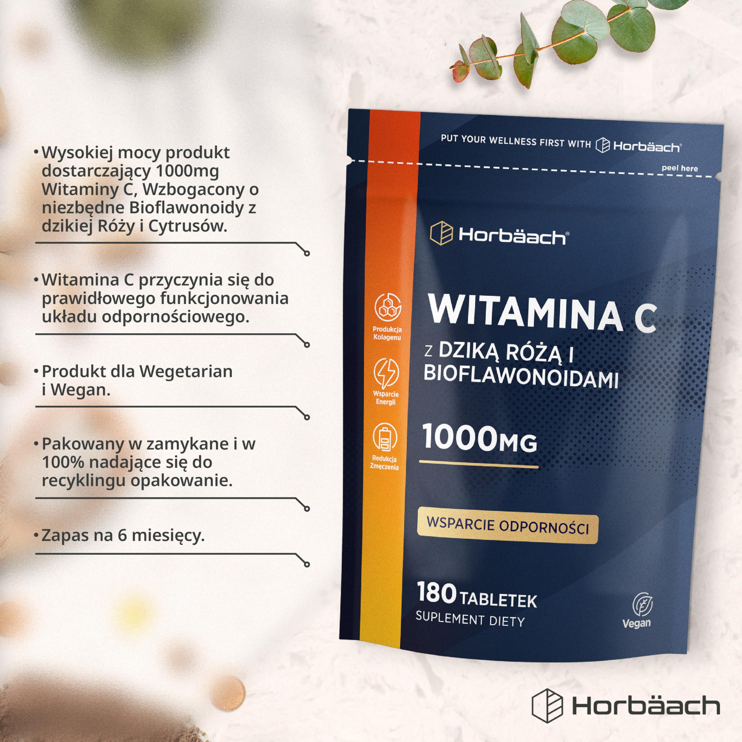Witamina C 1000mg z Dziką Różą i Bioflawonoidami | Wysoka Dawka | 180 Tabletek - 6 Miesięcy Suplementacji | Suplement Wegański | marki Horbaach