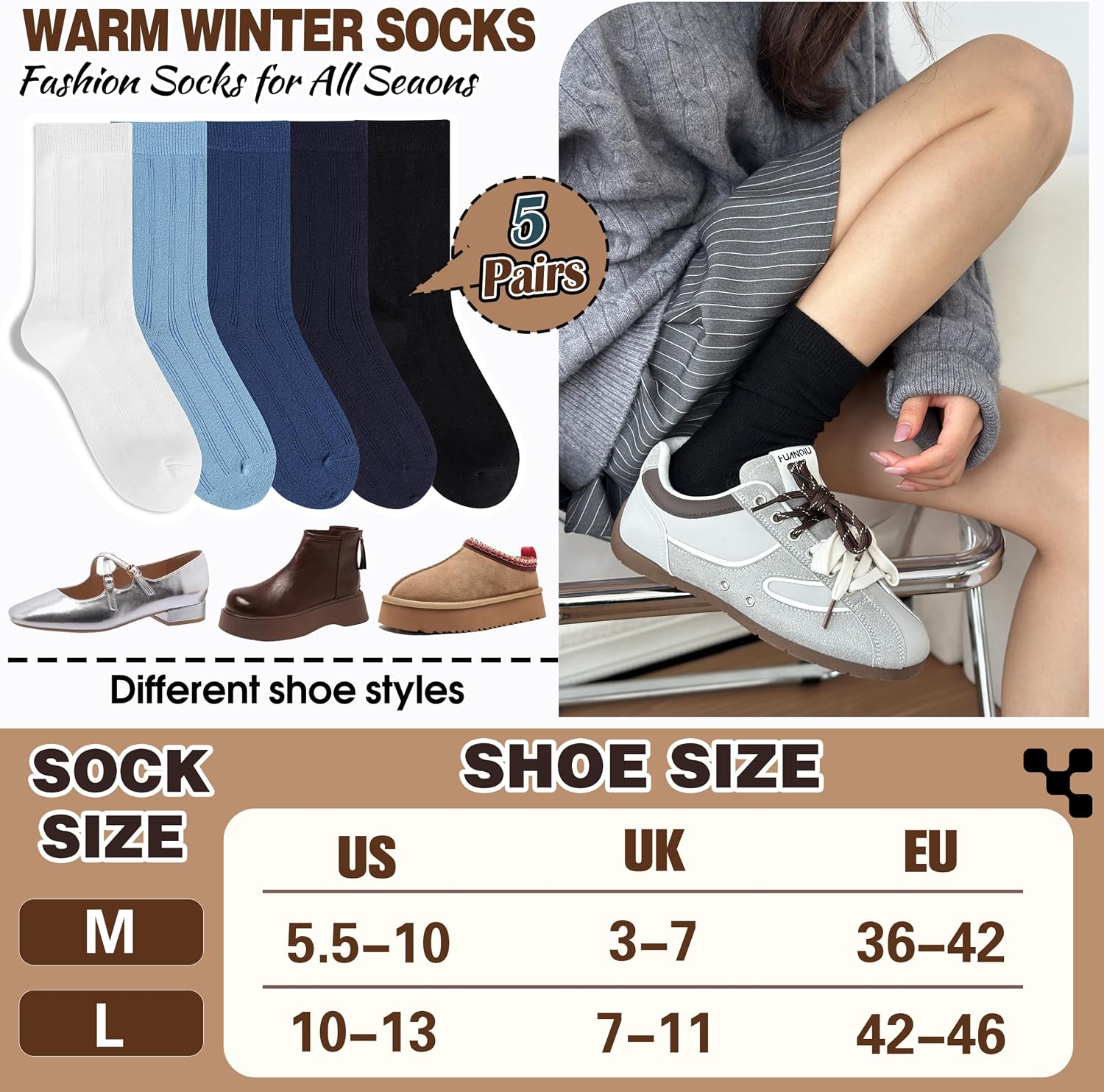 MOGGEI Thin Merino Wool Boot Socks Warm Winter Cozy Comfy Breathable Work Casual Socks for Women 5 Pairs image 5