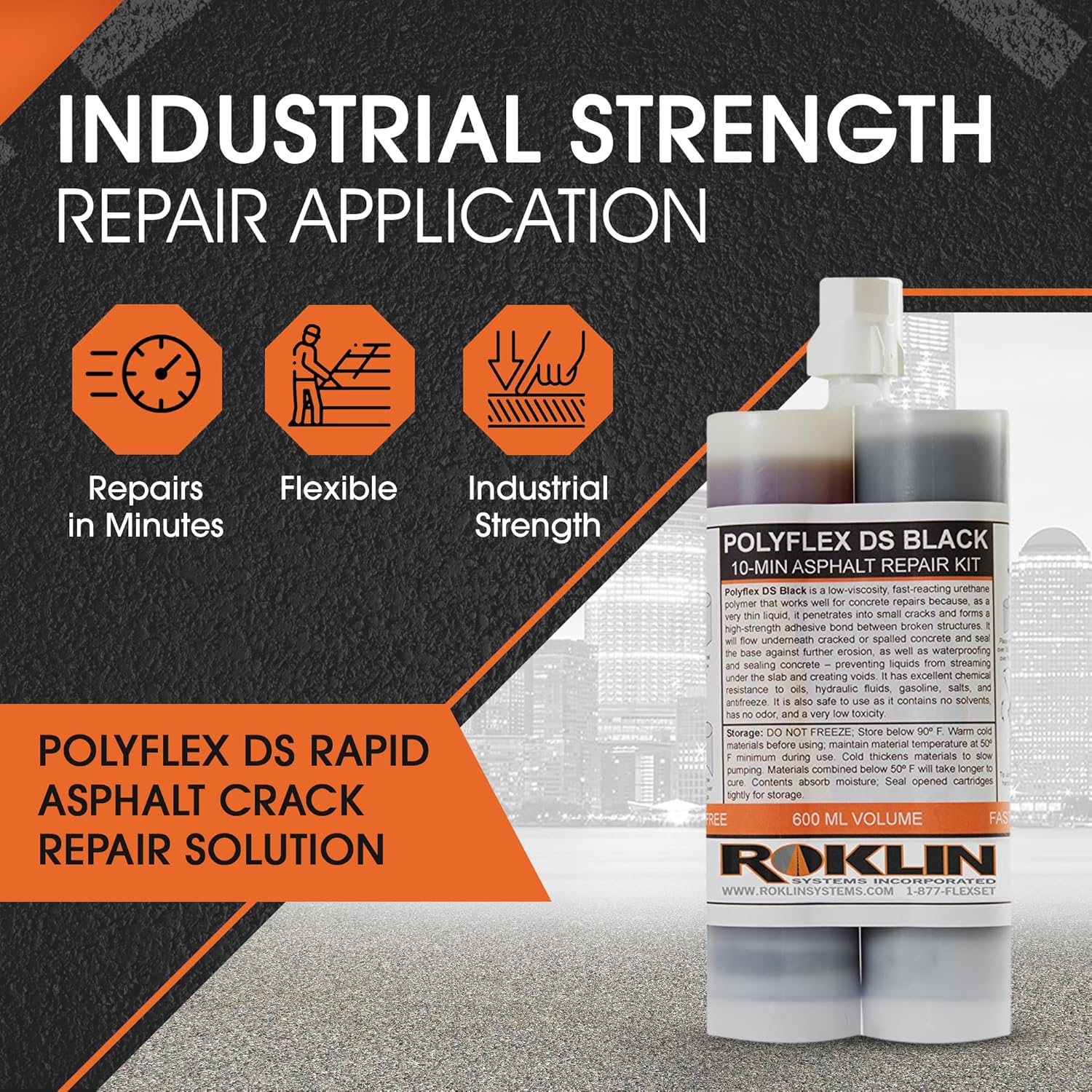 Roklin Systems, Inc. - PolyFlex DS Concrete Crack Filler, Quick-Drying Asphalt Crack Sealer, Floor/Wall Repair Patch Kit Essential, 21 Ounces, Black
