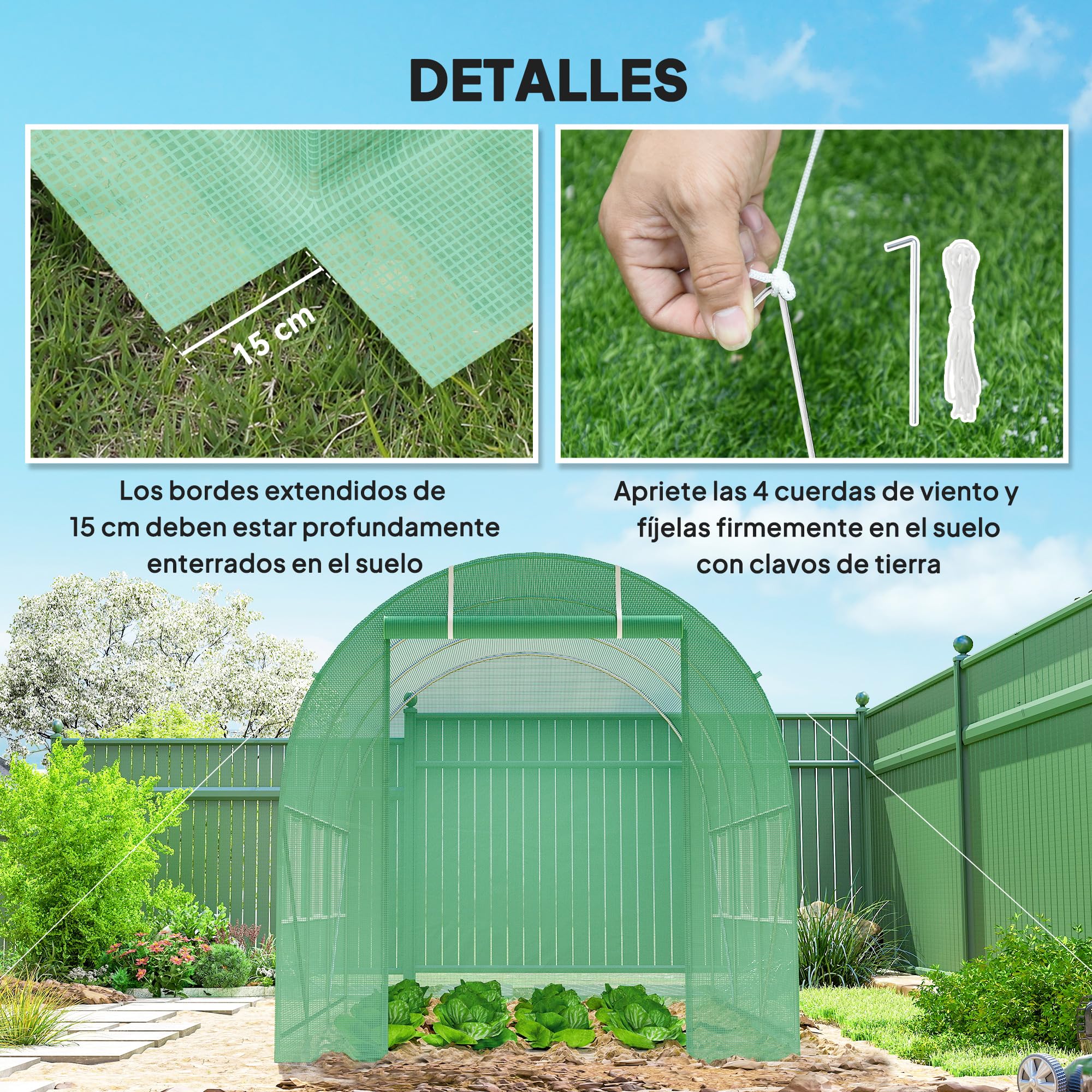Outsunny Invernadero de Exterior 3,5x2x2 m Invernadero de Túnel con Cubierta de PE 140 g/m² para Cultivo Plantas Verduras Frutas en Jardín Terraza Verde