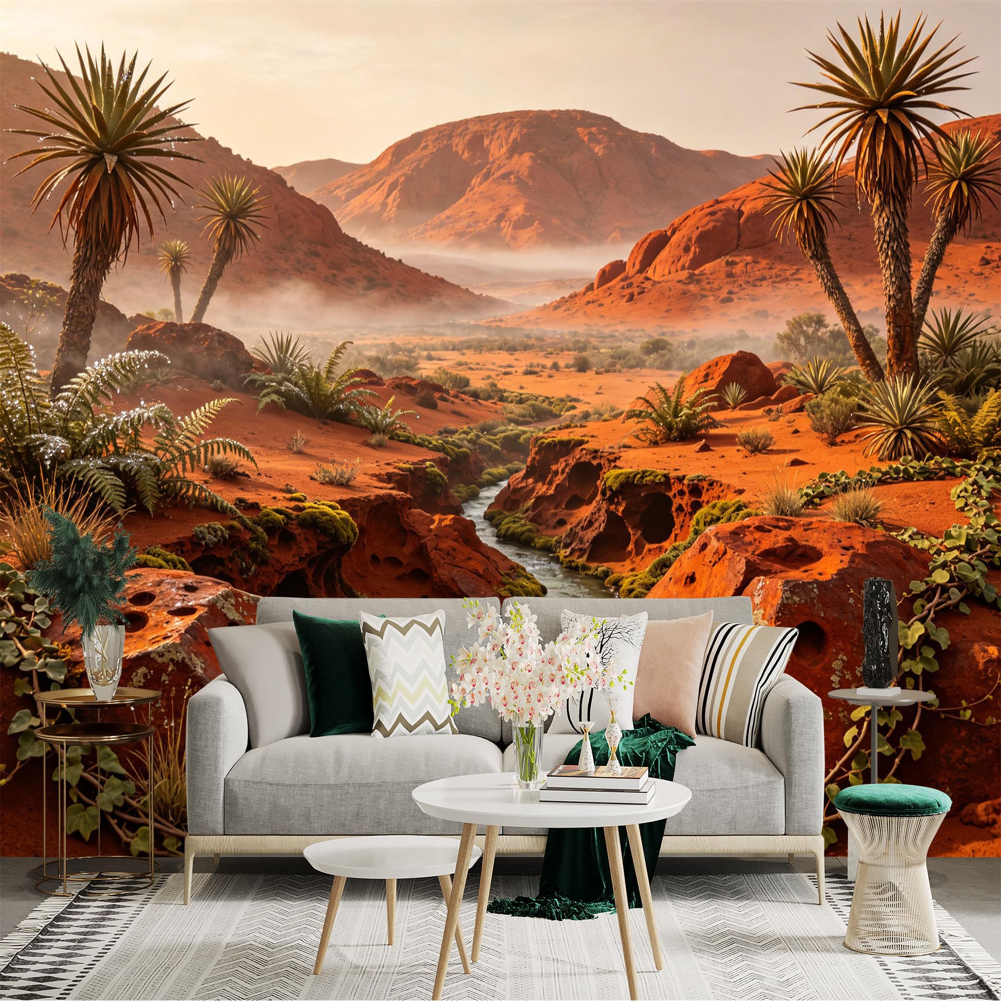 Custom Size Wall Sticker Mural， Red Desert Landscape with Rocky Canyon and Palm Plants， for wall Decoration， peelandstick wall Decals.