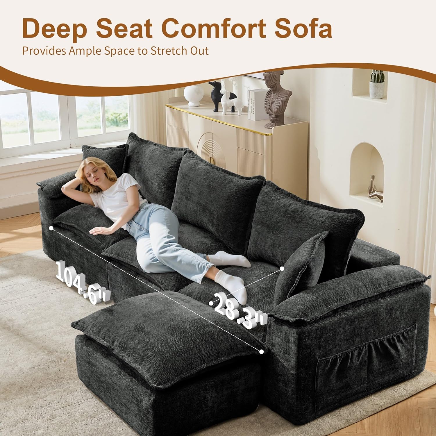 108" Sectional Couches for Living Room, Modular Boneless Couch with Deep Seat & Fluffy Cushion, Cozy Double-Layer Cushioned Sofa with Convertible Ottoman, Comfy Cloud Sofa, No Assembly Required