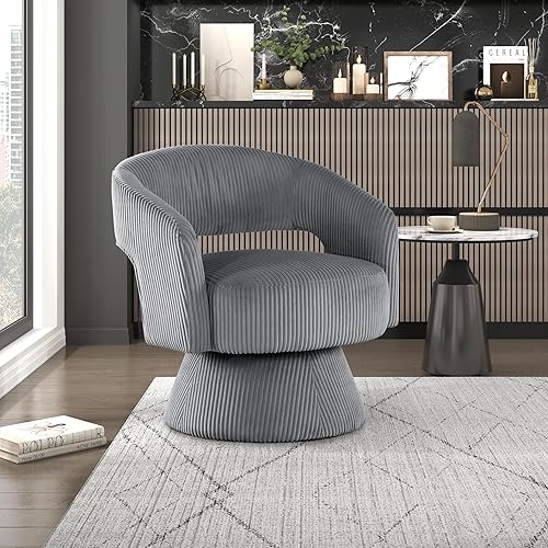 Lexicon Silla decorativa giratoria de 360 grados, moderna y cómoda silla redonda de pana con respaldo abierto, cojines de espuma de felpa, base