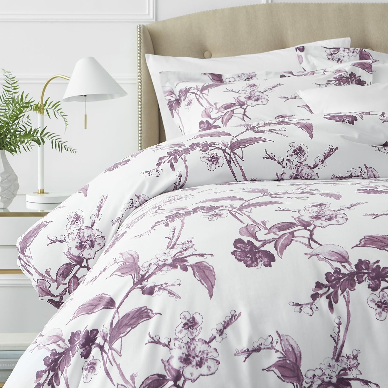Amazon Brand – Pinzon Signature 190-Gram Cotton Heavyweight Velvet Flannel Duvet Cover Set, King, Floral Amethyst