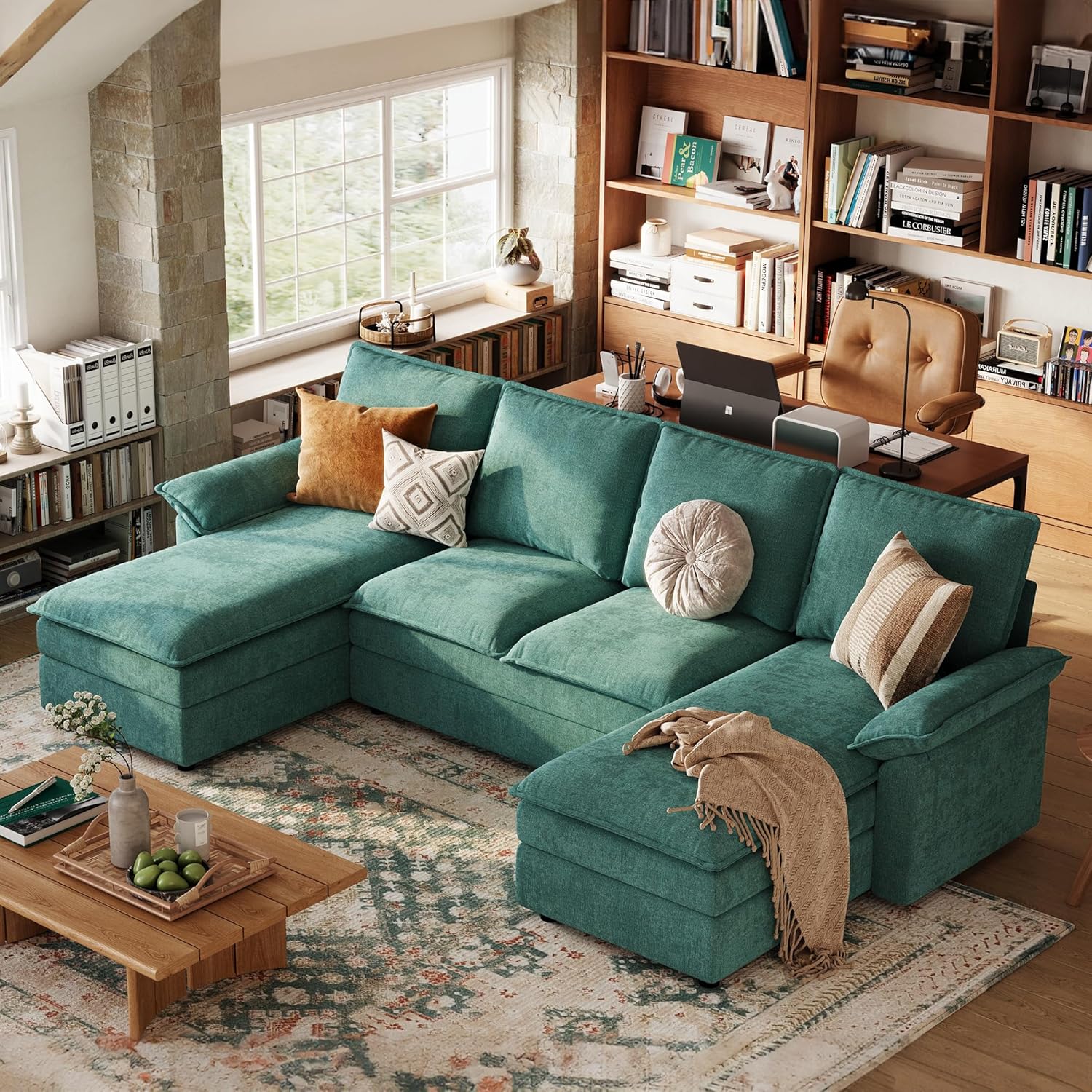LINSY HOME Modular Sectional Couches, 115″ U Shaped Cloud Sofa with Double Chaise, Chenille 4-Seat Sofa Set for Living Room, Apartment, Office, Green