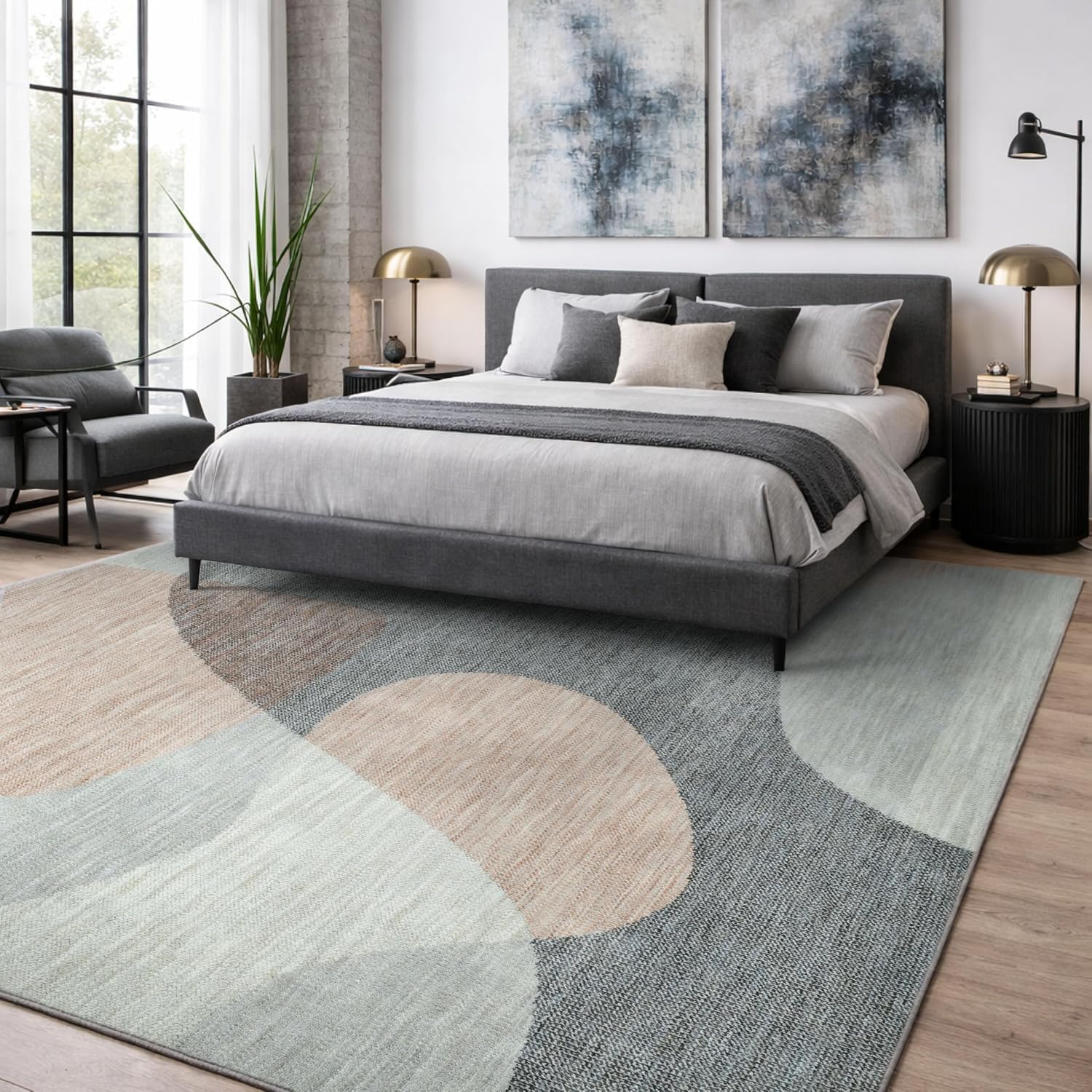 Well Woven Washable Area Rug 8x10 - Holt Modern Plush Rug for Living Room & Bedroom, Blush Peach & Stone, Soft Abstract, Made with Recycled Yarn, Stain Resistant Pet Friendly Carpet - Coda Collection
