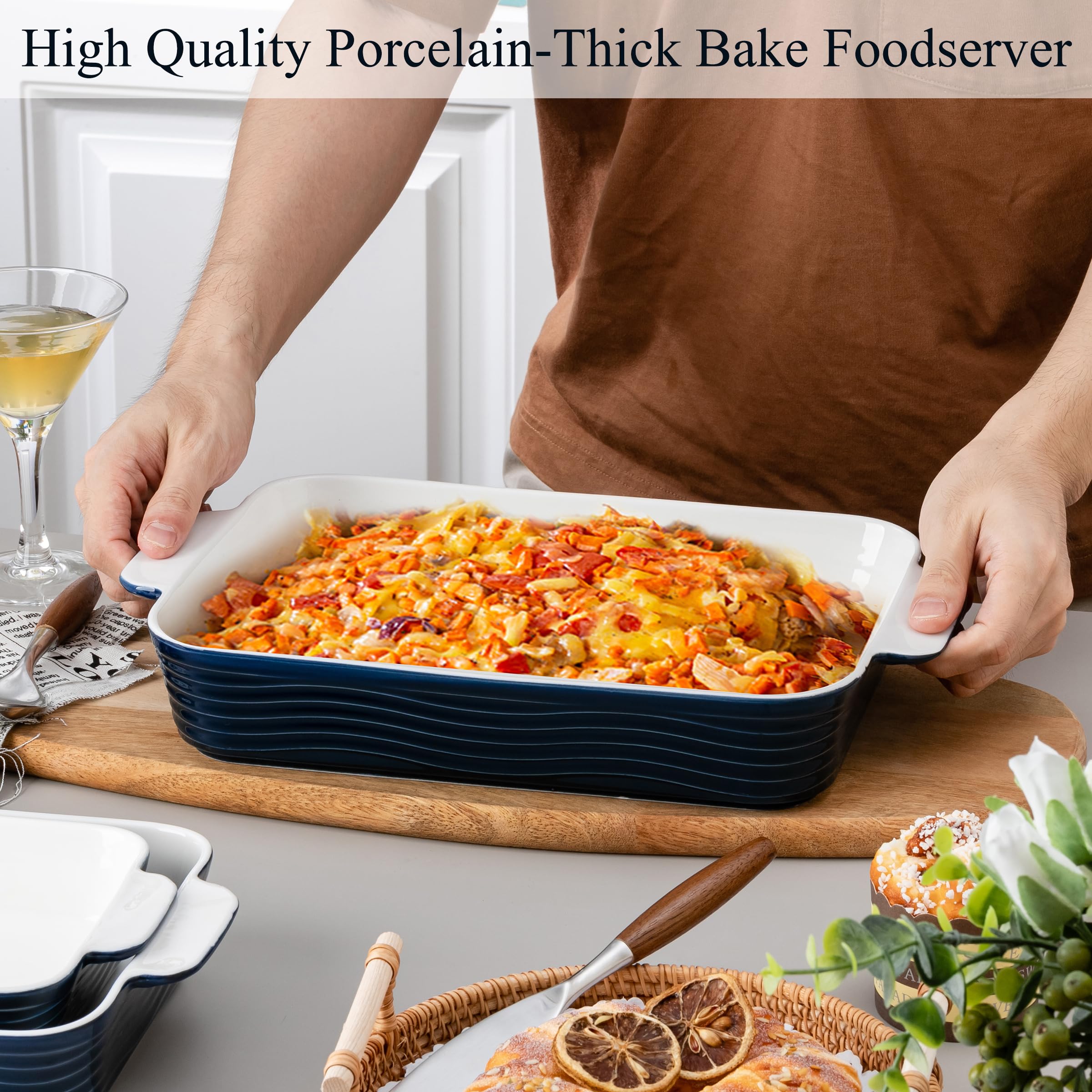 Peohud Set Of 3 Porcelain Casserole Dishes - Rectangular Baking Pans With Handles For Oven