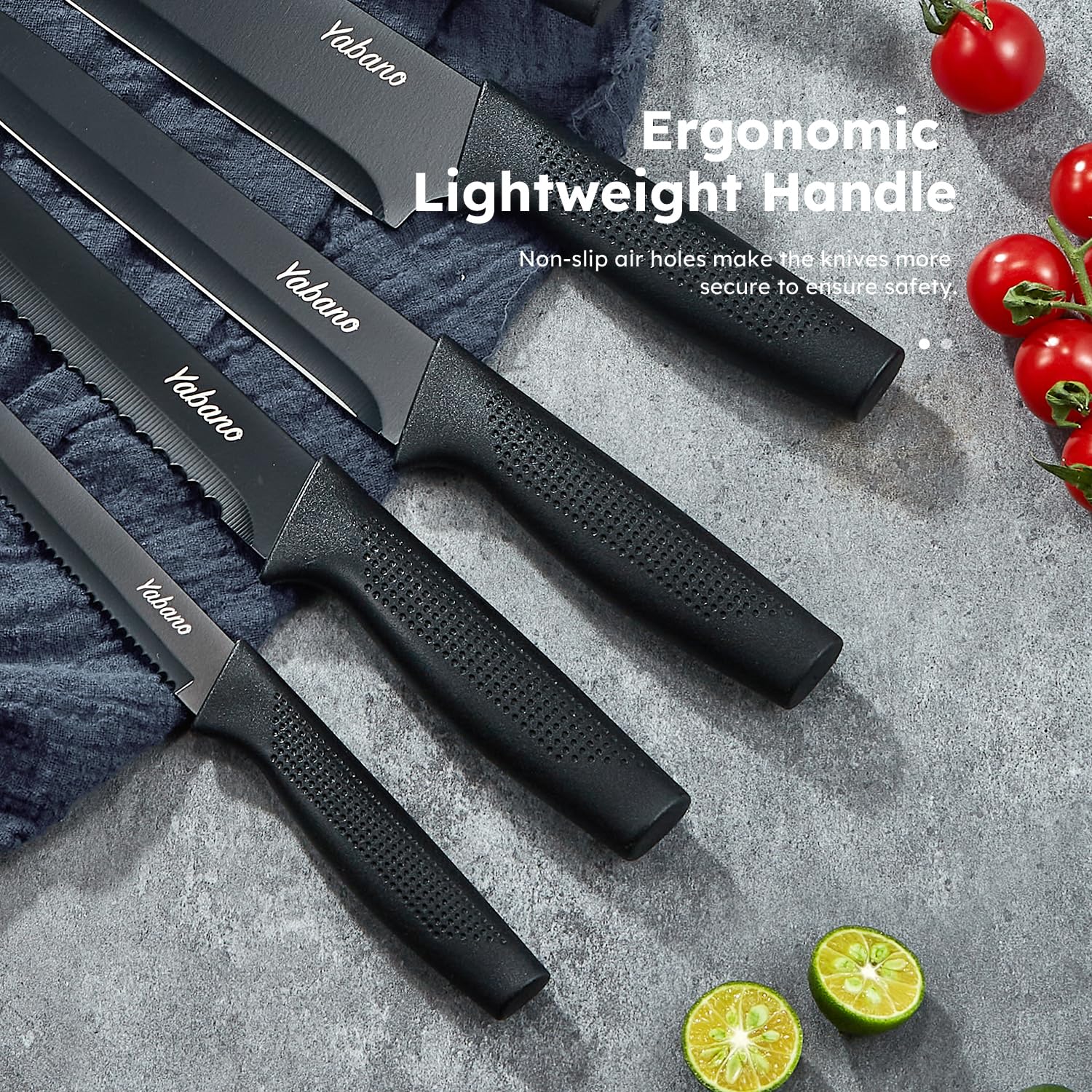 Yabano Couteaux de Cuisine 14 Pièces Inox Noir Bloc Aiguiseur | Lame acier inoxydable BO oxidation, support bois affuteuse integree, 6 pieces a steak, ciseaux, manche ergonomique