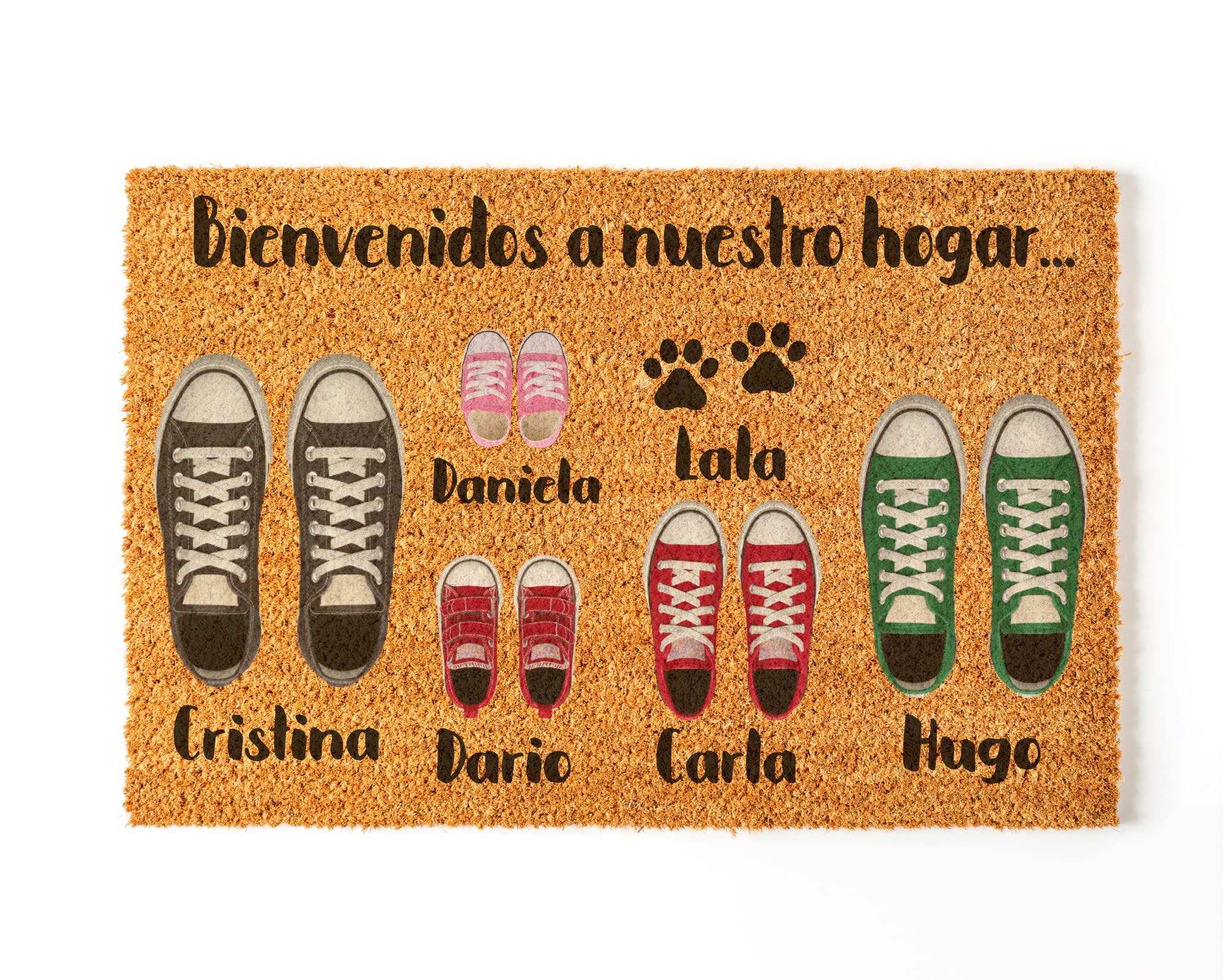 Felpudo Personalizado para la Entrada de Casa | Personaliza tu Felpudo con toda tu Familia y Mascotas | 70 x 40 cm | Felpudos Originales y Divertidos en 100% Fibra de Coco | Familia de 5 + Mascota