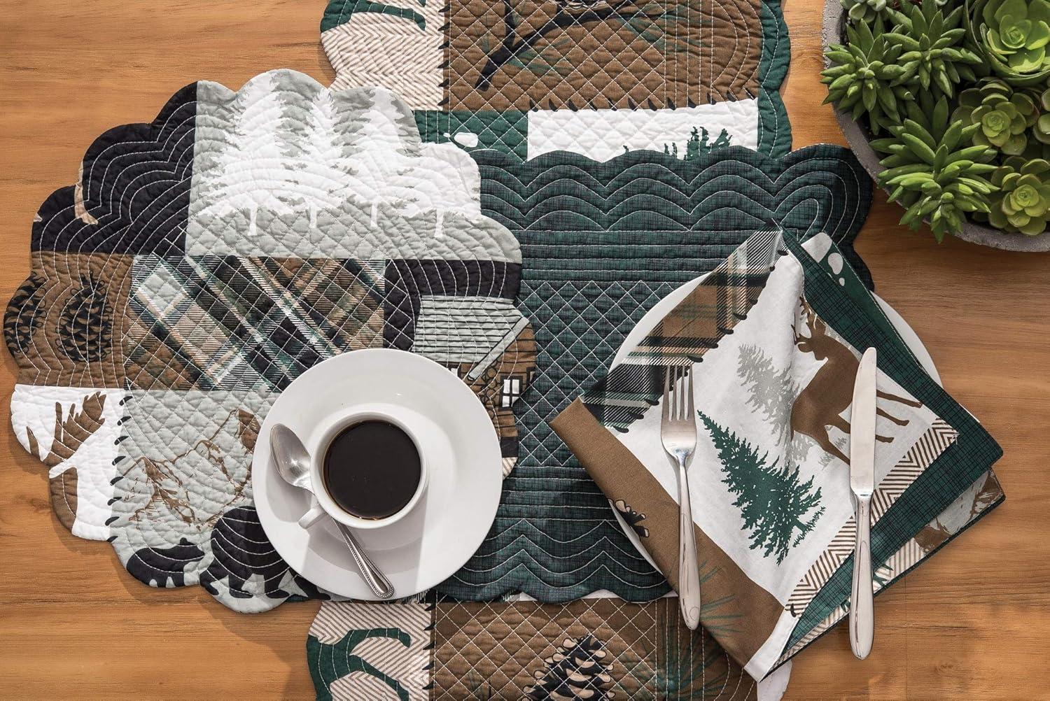 C&F Home Fletcher Forest Patchwork Reversible Hatched Green Cotton Quilted Table Lodge Rustic Cabin Cotton Machine Washable Cotton Quilted Table Runner 14" x 51" Brown