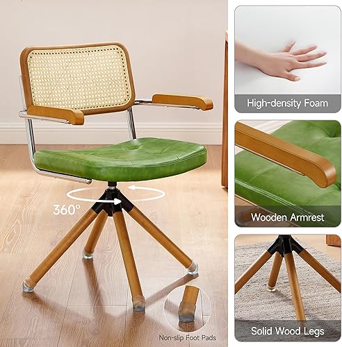 Miniatura 5 de Zouron Silla moderna de mediados de siglo, silla de comedor tapizada de piel sintética, silla giratoria con acento sin ruedas con respaldo de caña