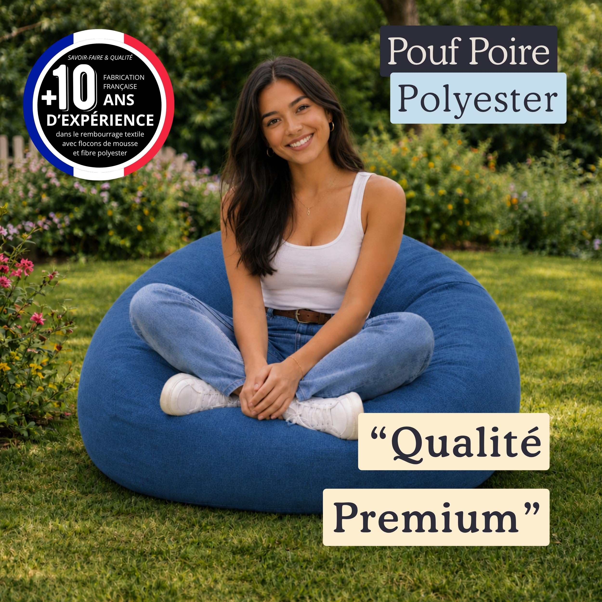 bananair - Pouf Poire Fabriqué en France - Rembourré en Mousse, Housse Lavable en Machine - Idéal pour Salon, Chambre ou Coin Cosy - Pouf Facile à Transporter, Parfait pour Adulte (120x100 cm, Bleu)