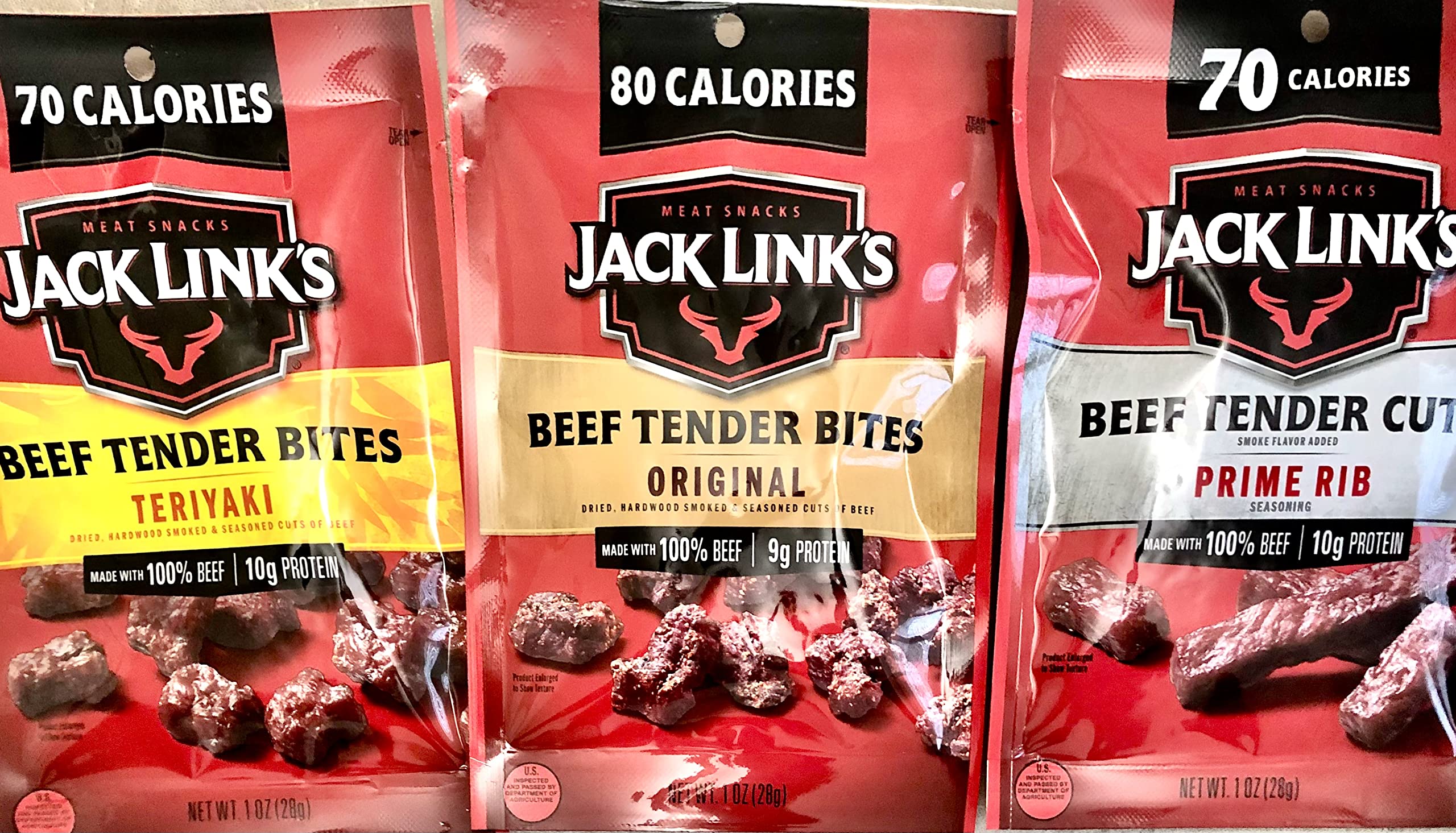 Jack Link's Mix: 1 Ounce - 3 Variety Pack: (1) Teriyaki Beef Steak, (1) Tender Bites Cuts Prime Rib & (1) Tender Bites Original Beef Bites: / 1-1 Ounce Niamara Goldfish Crackers - 4 Packs in all!