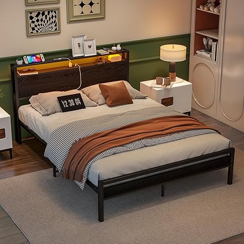 Miniatura 4 de BOFENG Base de cama Queen con cabecera de almacenamiento/luces LED, marco de cama de plataforma de metal con estación de carga, marco de cama tamaño