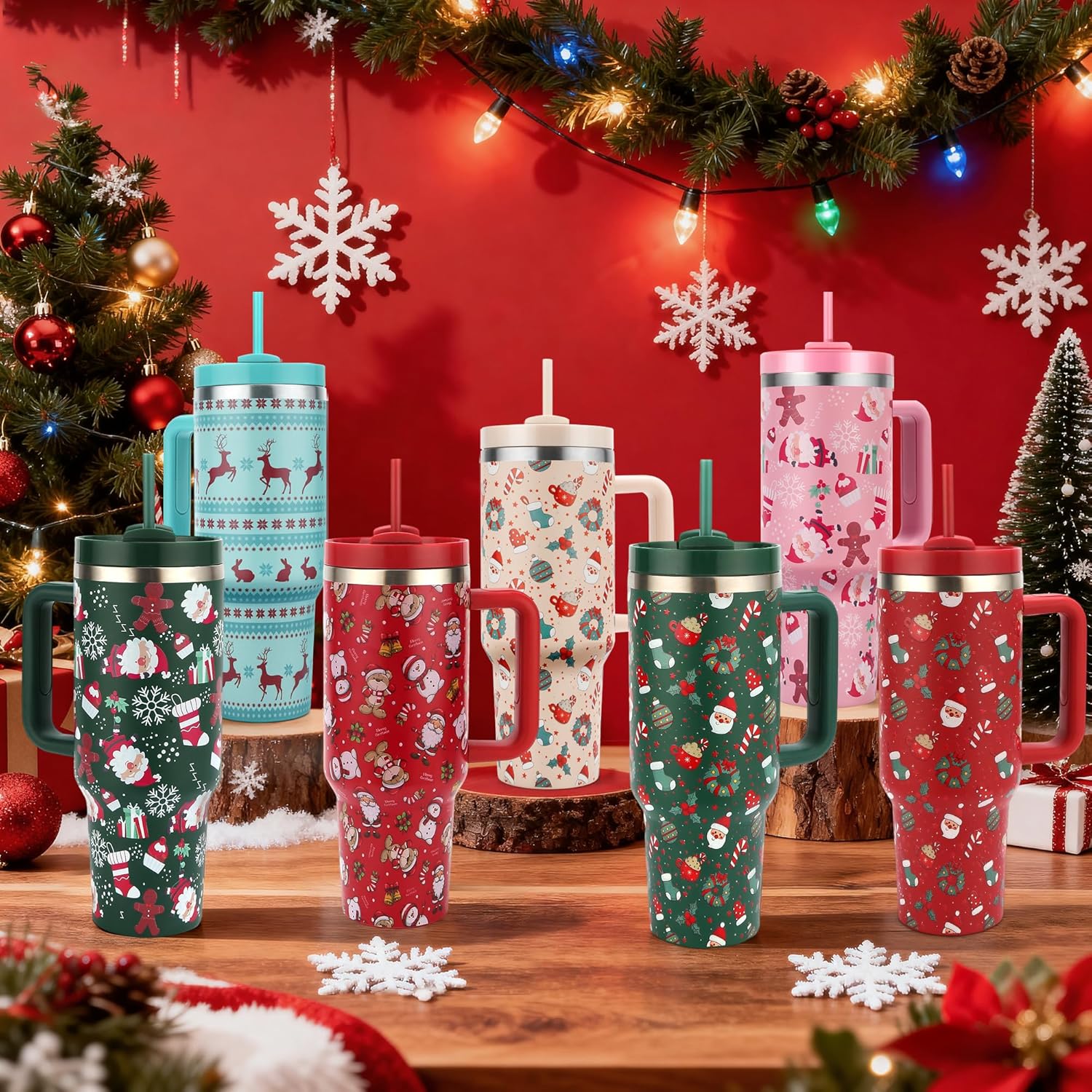 TaroKitc Christmas Gifts for Women Men, 40 oz Christmas Tumbler with Handle and Straw Lid, Xmas Insulated Stainless Steel Travel Coffee Mug, Cup Holder Friendly, Pink Santa and Gingerbread Man - Image 8