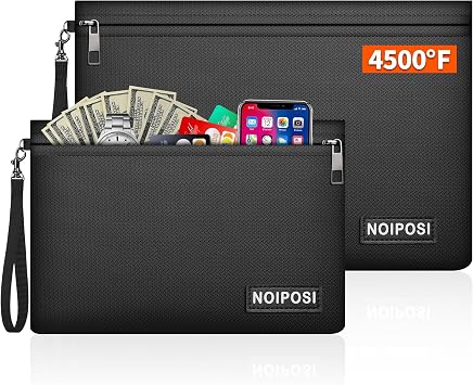 Noiposi 2 Set Fireproof Document Bags, 28x19.5cm Fireproof Money Bag for Cash | Passports | Valuables, 36x26.5cm Water & Fire Poof Storage Pouch for Important Papers