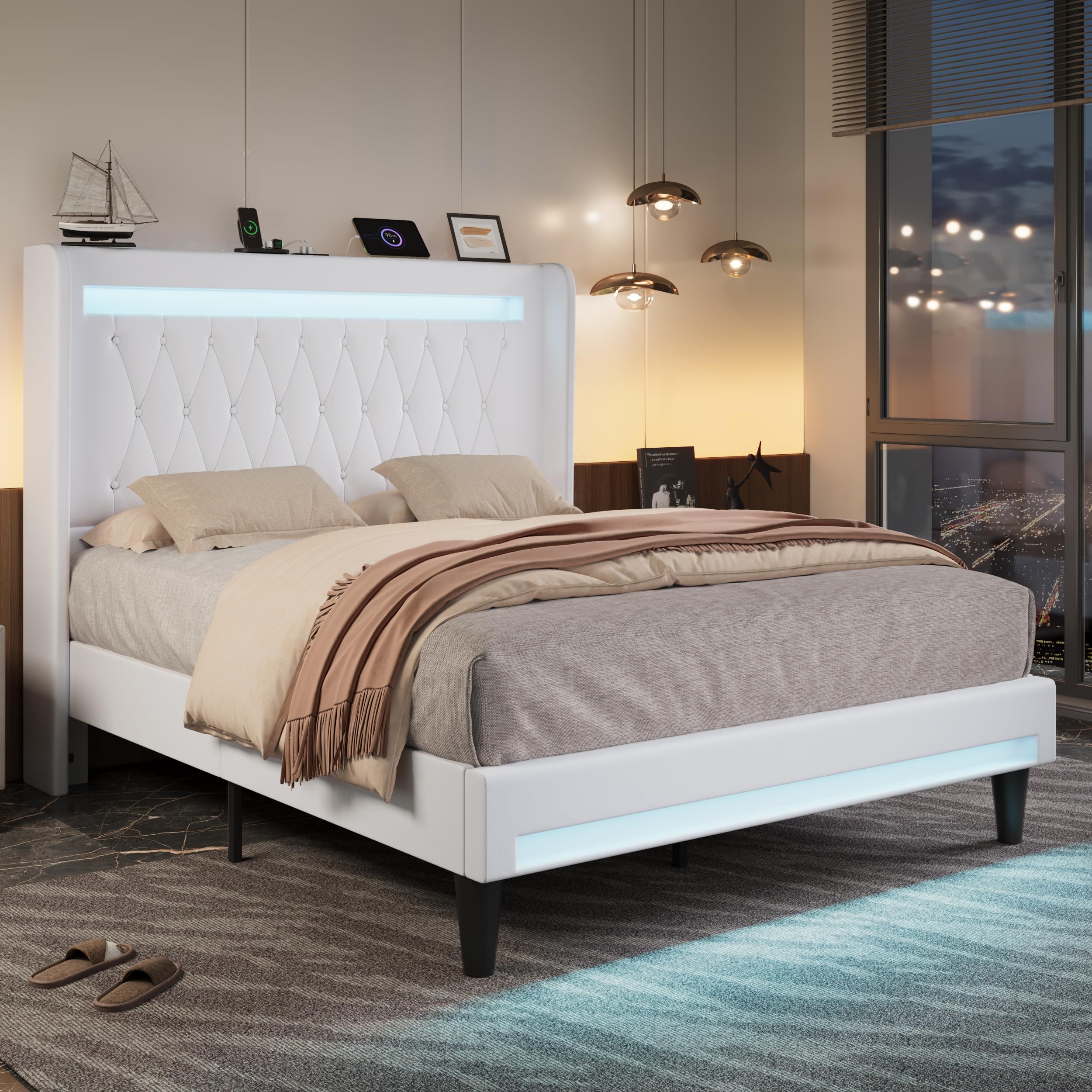 Allewie Upholstered Queen Size Platform Bed Frame with LED Light and Charging Station, Button Tufted High Headboard, Wingback Design, Noise Free, Easy