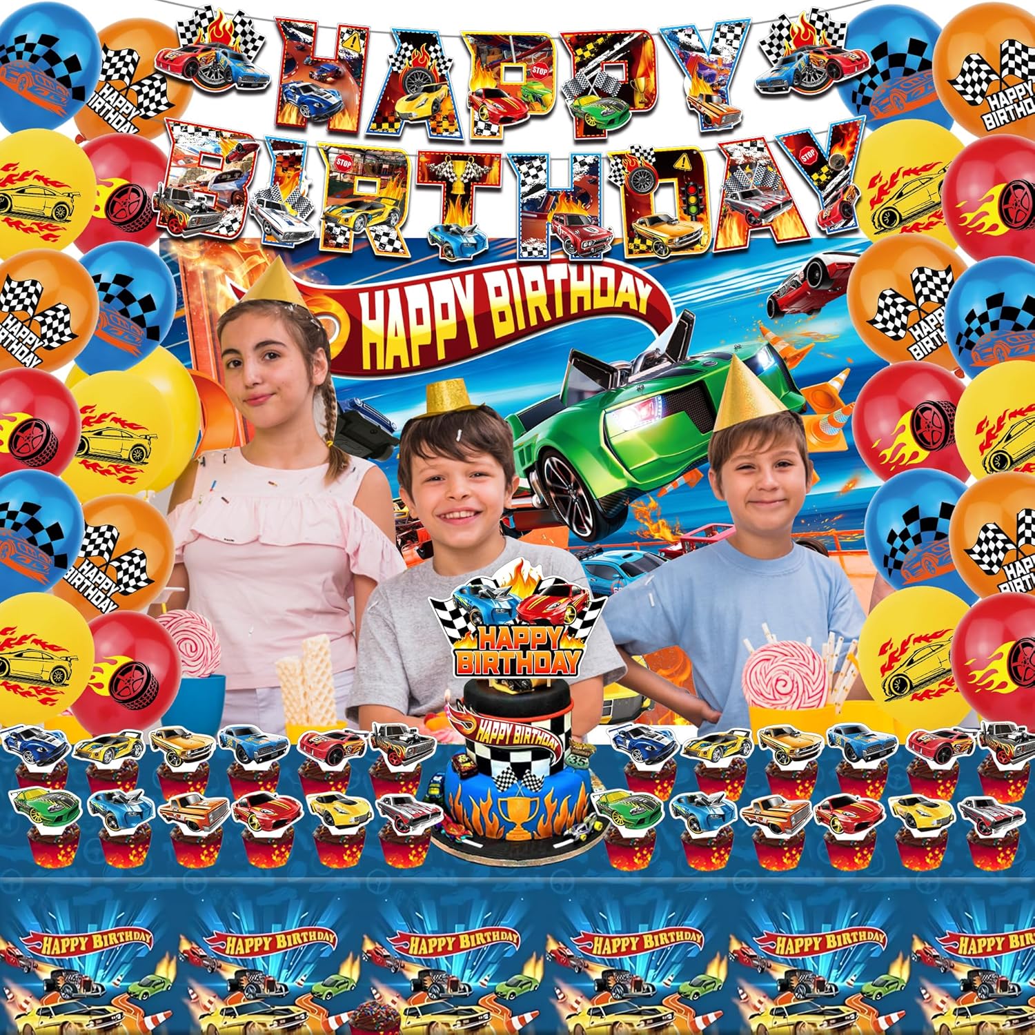52Pcs Hot Car Birthday Party Decorations, Birthday Party Supplies for Hot Car Includes Banner, Backdrop, 24 Balloons, Cake Topper, 24 Cupcake Toppers, TableCloth