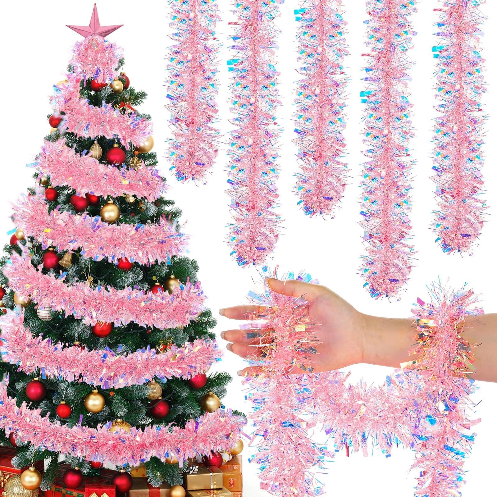 3 Pack Chunky Pink Christmas Tinsel Garland, 2 Metre Sparkling Iridescent Metallic Tinsel for Xmas Tree & Home Decorations, Festive Party Office Staircase Decor (Pink, 6m)