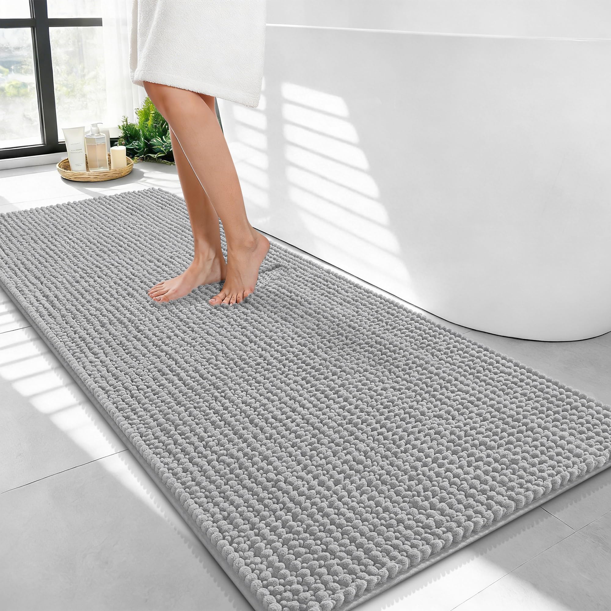 OLANLY Thick Chenille Bathroom Runner Rugs Mats 44x24, Light Grey
