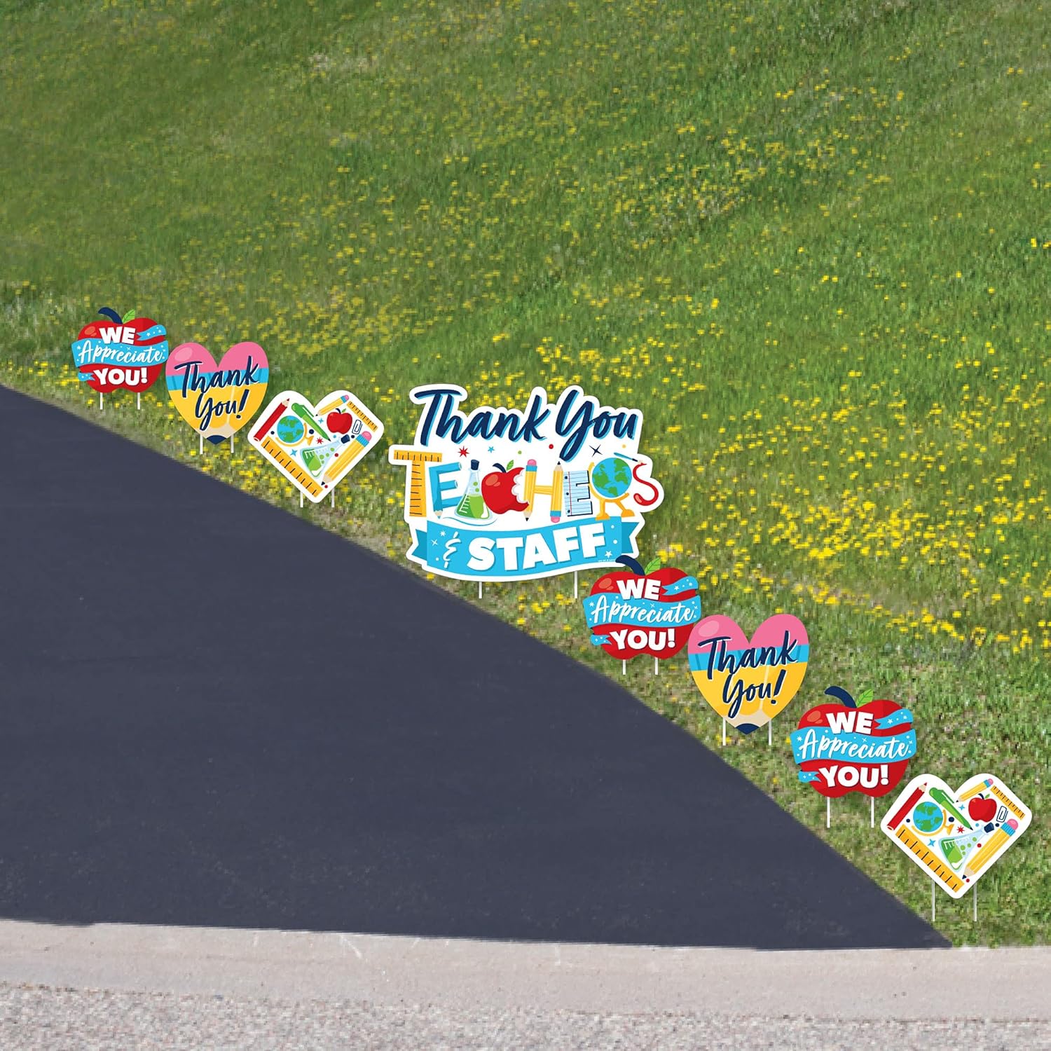 Big Dot of Happiness Teacher Appreciation Yard Signs - Premium Outdoor Lawn Decorations, 8-Piece Set with Stakes, Waterproof School Staff Recognition Display