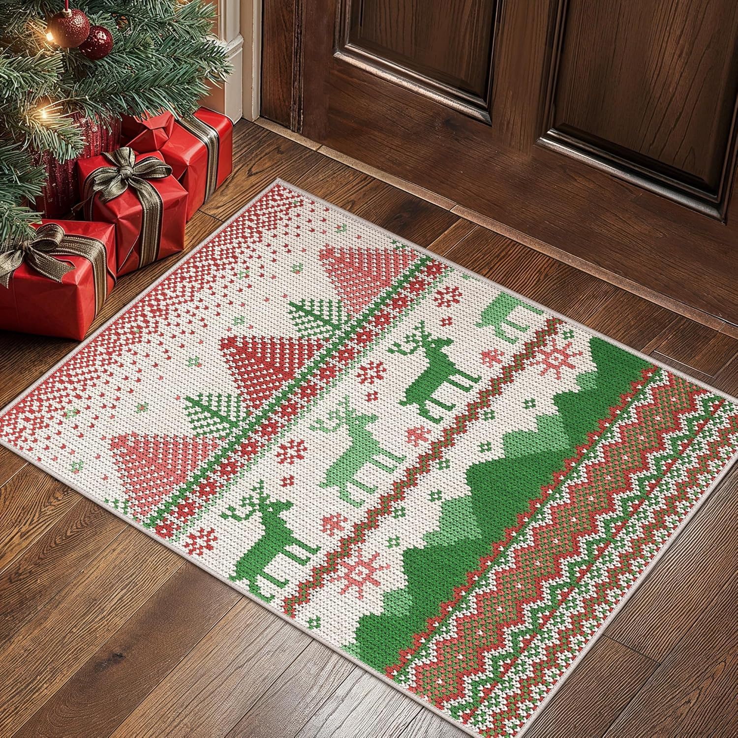 Alfombra Grande Salon con Diseño de árboles de Navidad y Renos Alfombra de Cocina Antideslizante Lavable Navideñas Alfombra Navidad de Decoración para Salon Entrada Cocina Baño,80x120cm