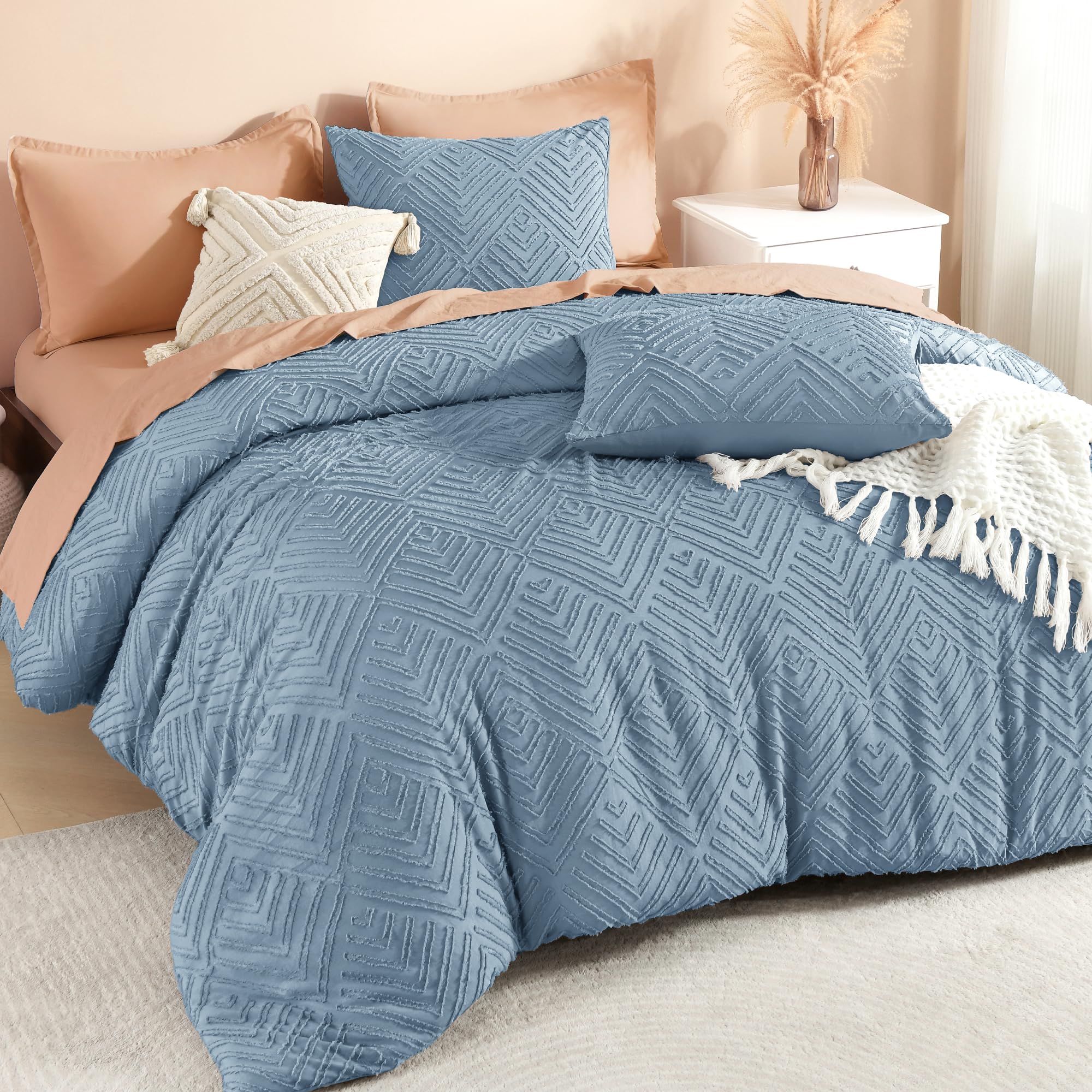 Litanika California King Comforter Set Grayish Blue, 3 Pieces Tufted Boho Farmhouse Bedding Comforter Sets, Lightweight Fluffy Comforter Bed Set All