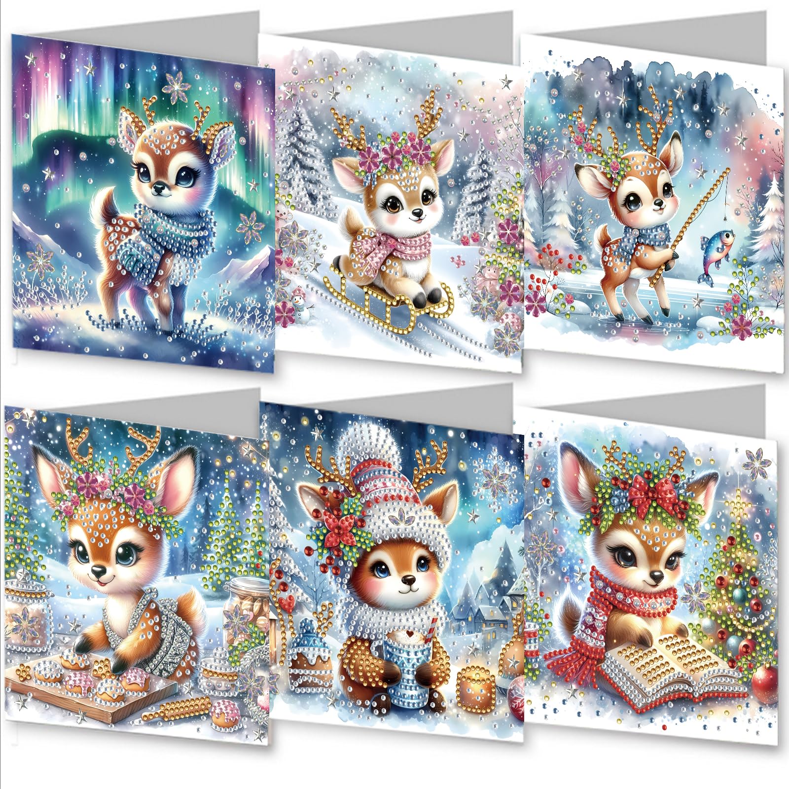 AYUCHYN ART 6 Pack Christmas Mixed Greeting Cards Deer | 5D DIY Diamond Painting Crystal Art Cards Making Kit with Envelopes & Full Tools | Xmas Cards Gift Postcards for Handmade 30 * 15cm (Deer)