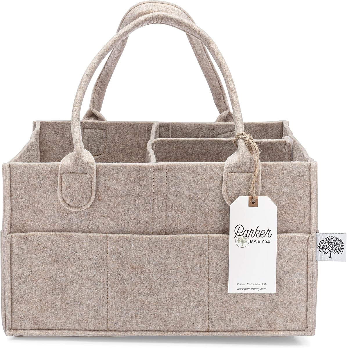 Parker Baby Co. Felt Diaper Caddy Organizer - Regular, Oatmeal | Portable nursery storage bin for diapers, wipes, bottles & baby essentials for home/car. Soft felt, foldable design 13x9x7"