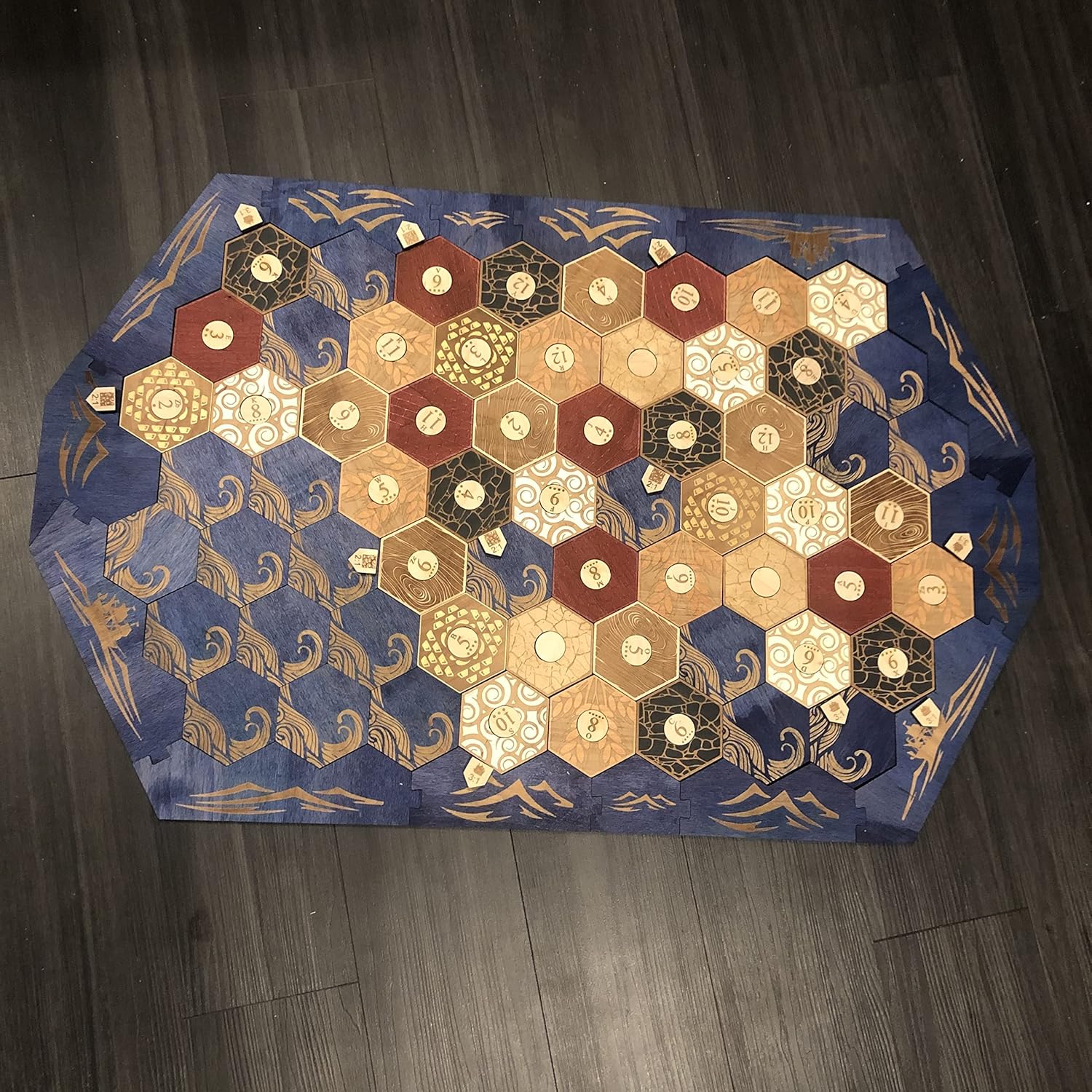 5-6 Player Blue Stained Wood Game Board With Custom Laser Etched Terrain, Border and Number Tokens Compatible with Settlers of Catan Wooden Board Game