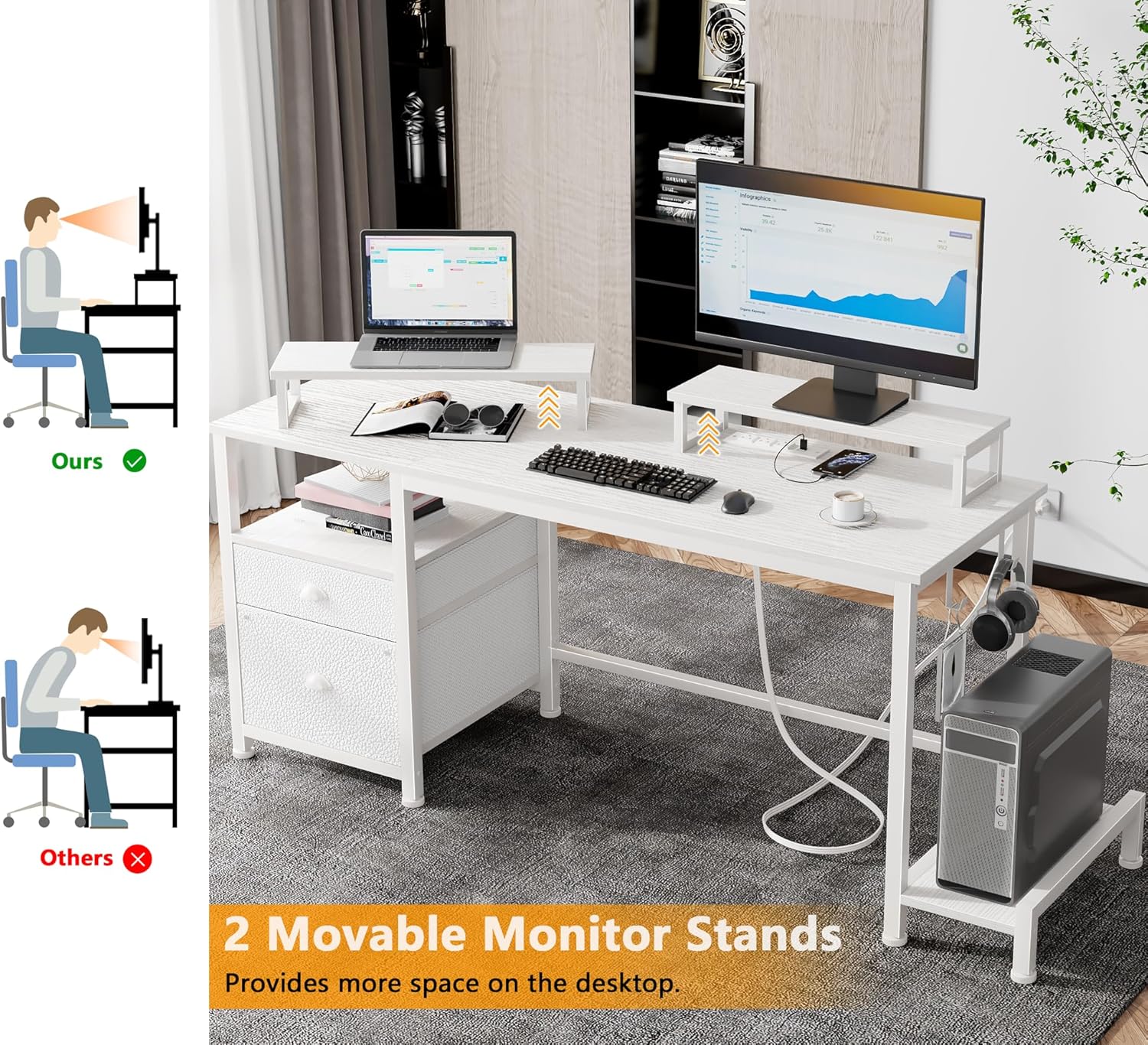 Furologee 47" Computer Desk with File Cabinet and Power Outlets, Home Office Desk with 2 Monitor Stands and Storage Drawer, Writing Gaming Table with Shelves and 2 Hooks for Bedroom, Rustic Brown The Forest Stewardship Council - imagen 2