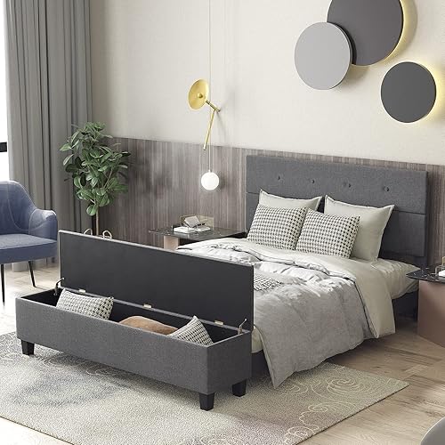 Miniatura 6 de KOMFOTT Base de cama tapizada tamaño Queen con almacenamiento otomano, base de colchón moderna con cabecero copetudo con botones, base de cama de