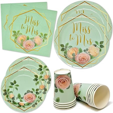 Amazon Com Miss To Mrs Party Supplies Tableware Set 24 9 Dinner Plates 24 7 Dessert Plate 24 9 Oz Cups 50 Lunch Napkins Gold For Engagement Wedding Disposable Paper Goods Bridal Shower