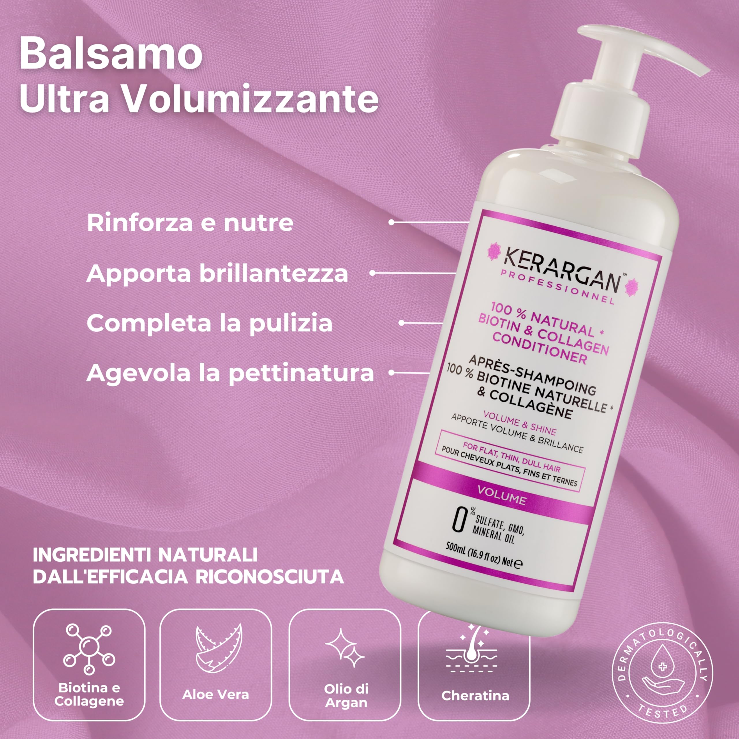 Kerargan - Set Volumizzante: Shampoo, Balsamo, Maschera, Siero & Leave-In alla Biotina & Collagene per Capelli Piatti, Fini e Opachi - Senza Solfati, OGM, Silicone - 3x500ml+1x100ml+1x350ml | Cinque trattamenti con biotina e collagene per detergere, distr