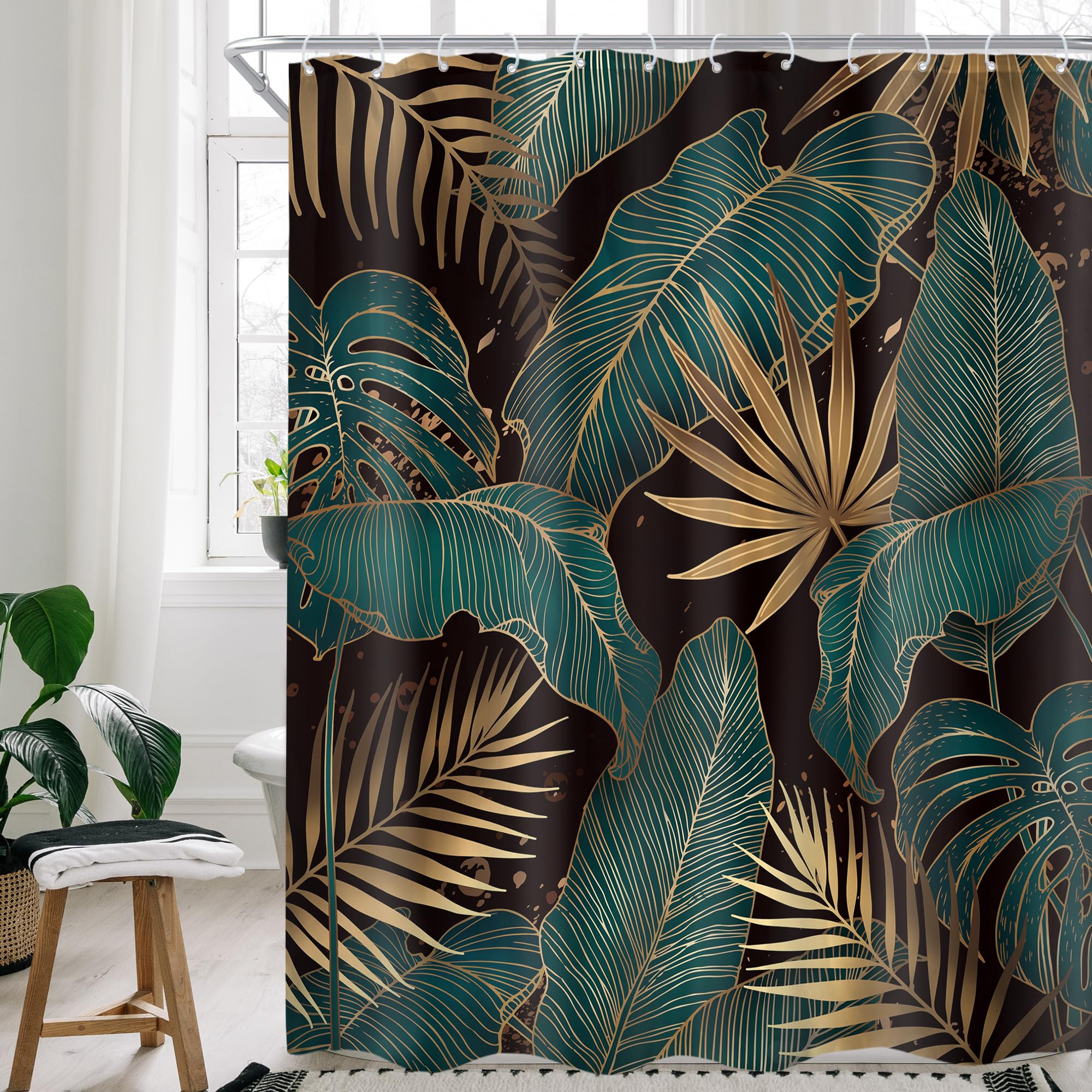 Cinbloo Green Shower Curtain 60Wx72H Black and Gold Tropical Bathroom Decor Abstract Palm Leaves Hawaiian Monstera Modern Brown Botanical Plant Nature